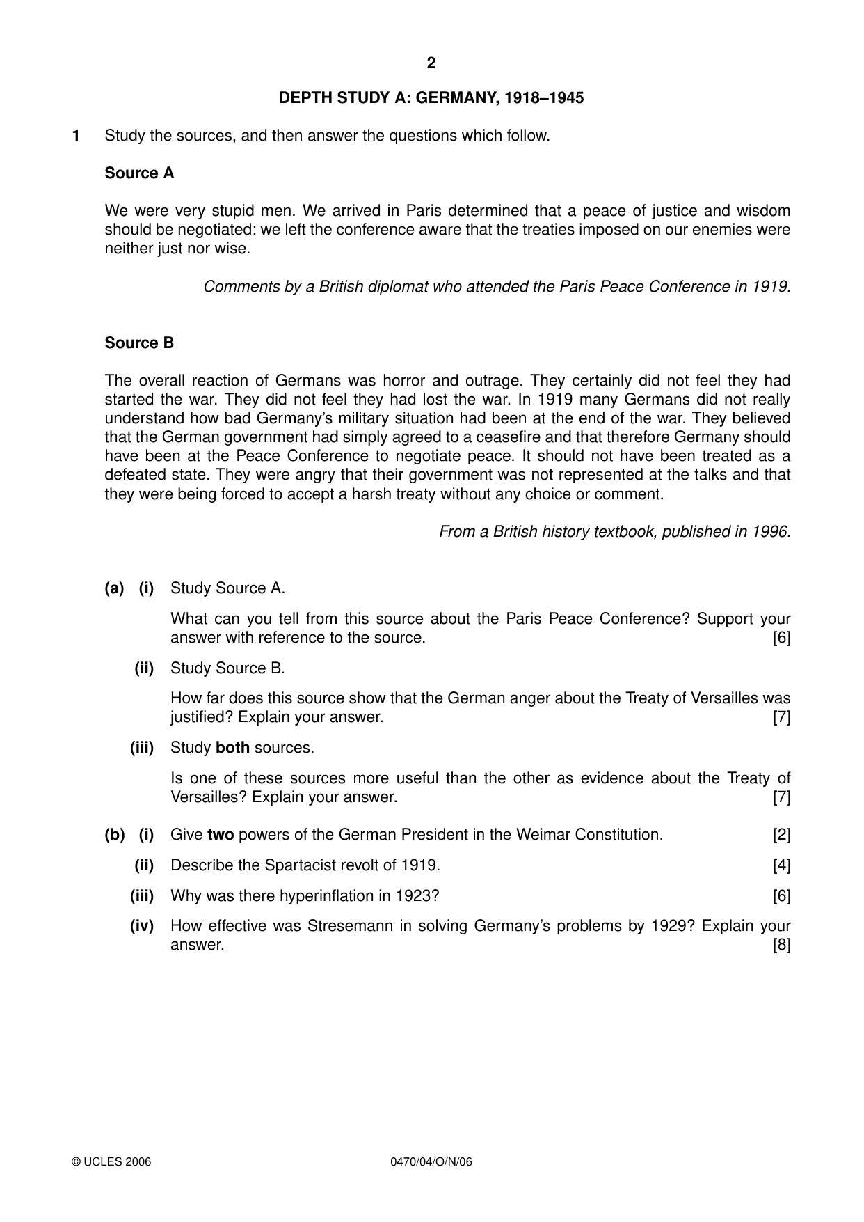 Cambridge IGCSE History 0470 2006 Oct/Nov Paper 4 · Variant 1 question paper, page 2 of 12