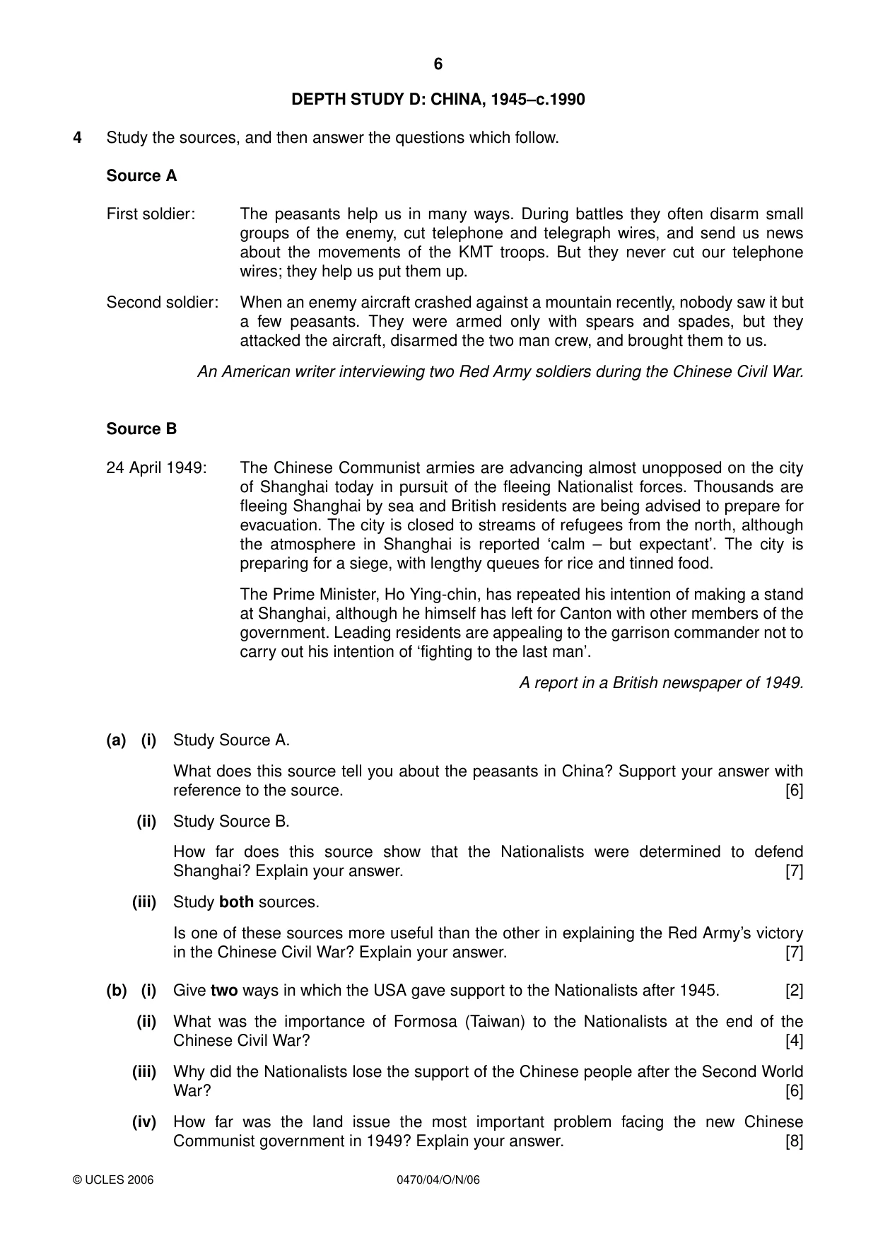 Cambridge IGCSE History 0470 2006 Oct/Nov Paper 4 · Variant 1 question paper, page 6 of 12