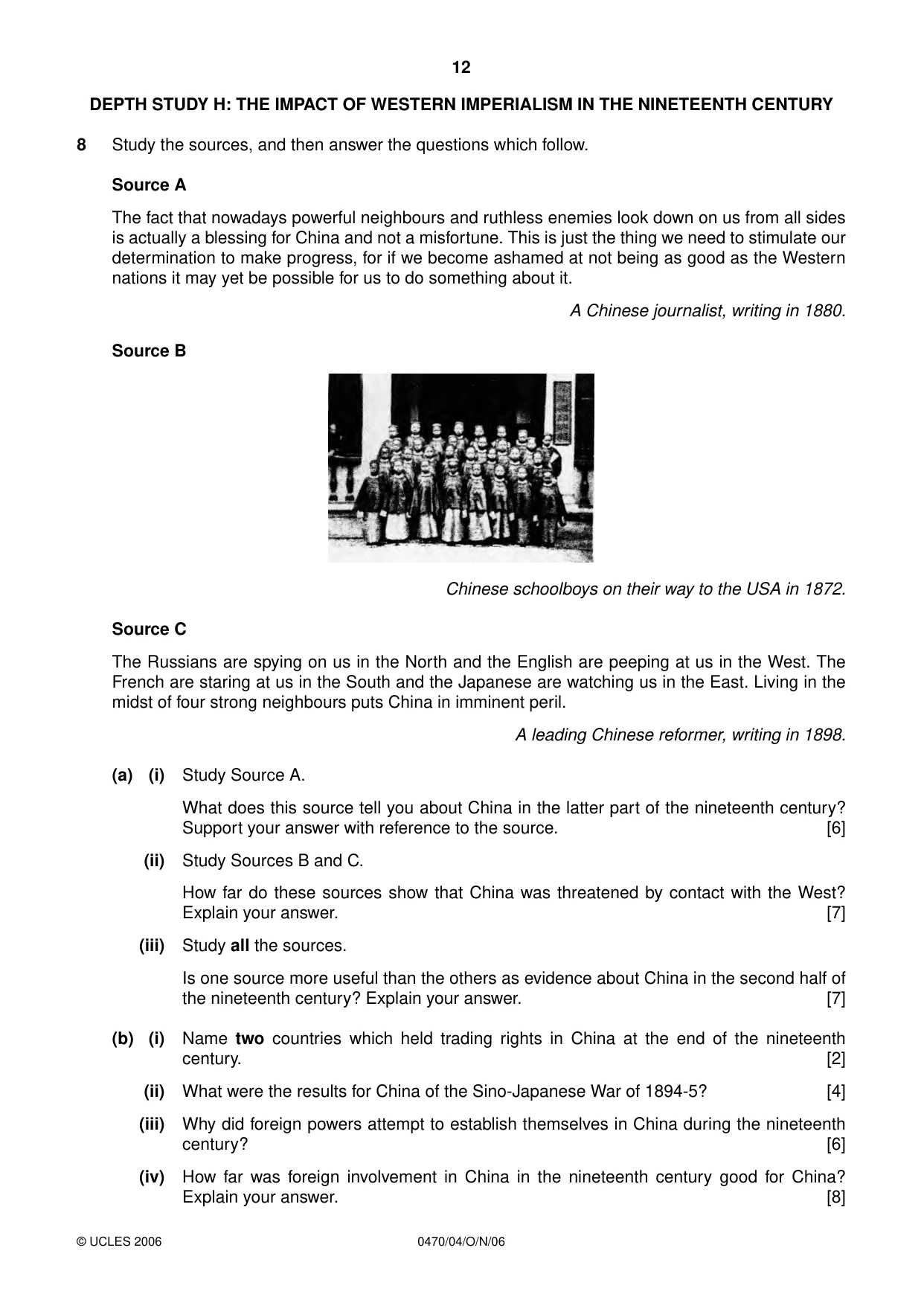 Cambridge IGCSE History 0470 2006 Oct/Nov Paper 4 · Variant 1 question paper, page 12 of 12