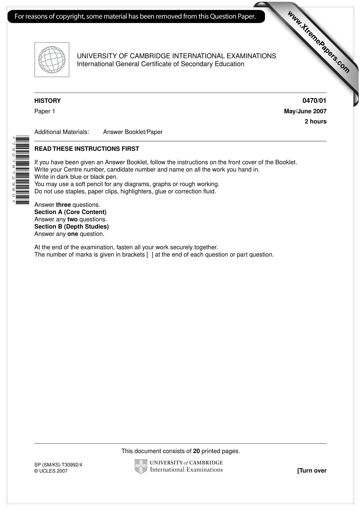Cambridge IGCSE History 0470 2007 May/June Paper 1 · Variant 1 question paper, page 1 of 19