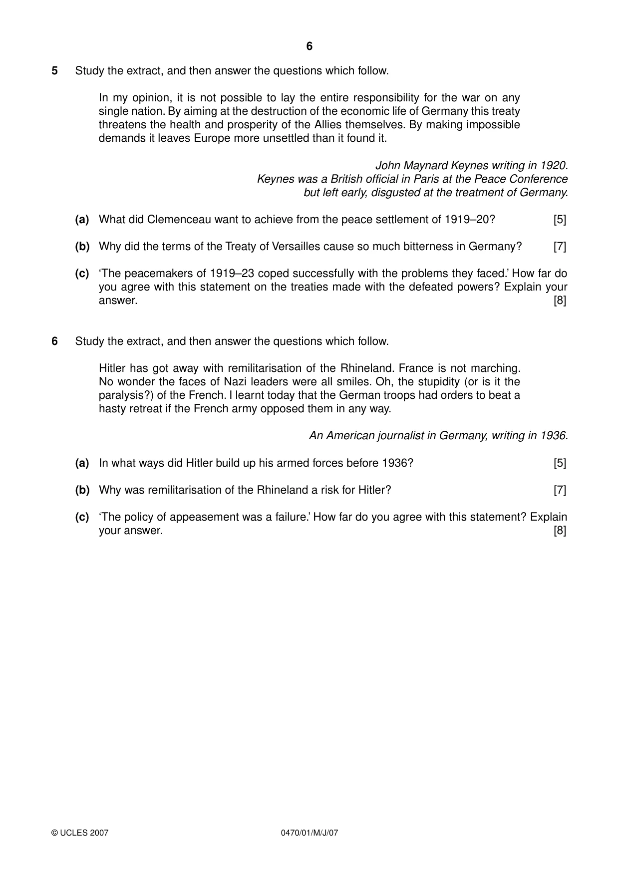 Cambridge IGCSE History 0470 2007 May/June Paper 1 · Variant 1 question paper, page 5 of 19