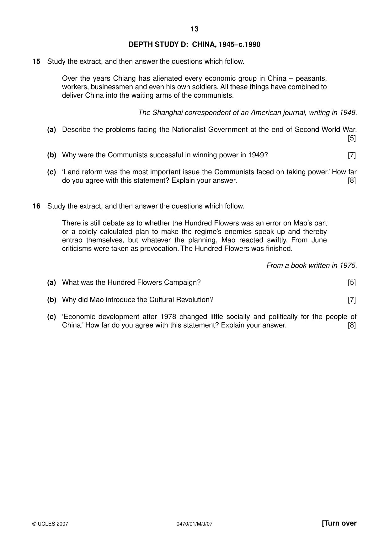 Cambridge IGCSE History 0470 2007 May/June Paper 1 · Variant 1 question paper, page 12 of 19