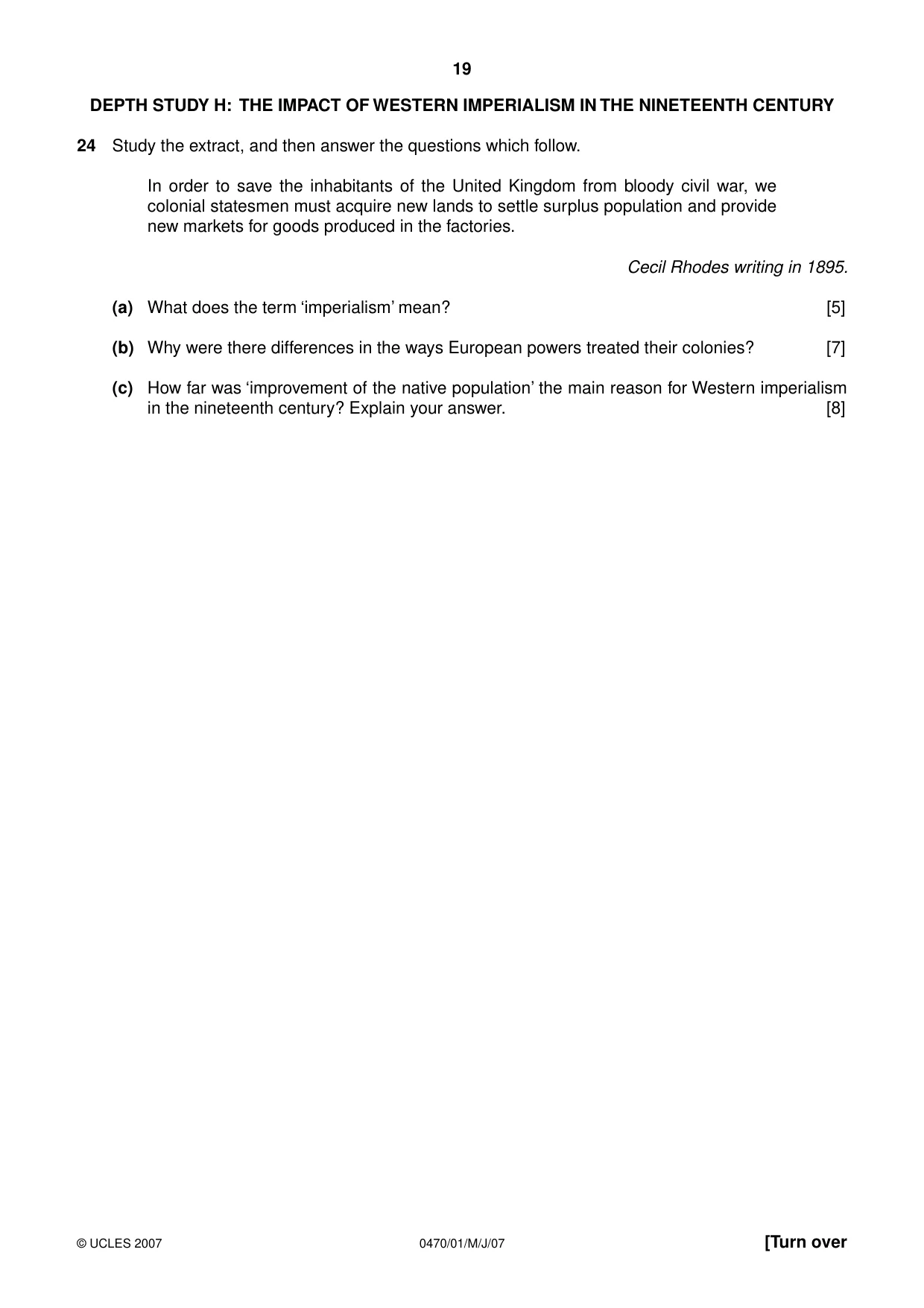 Cambridge IGCSE History 0470 2007 May/June Paper 1 · Variant 1 question paper, page 18 of 19