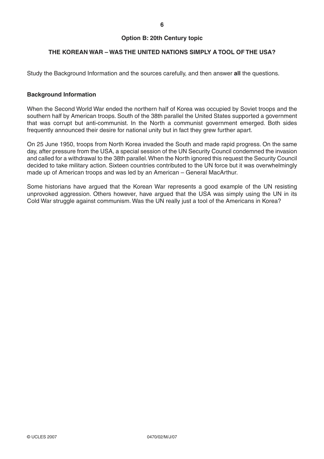 Cambridge IGCSE History 0470 2007 May/June Paper 2 · Variant 1 question paper, page 6 of 12