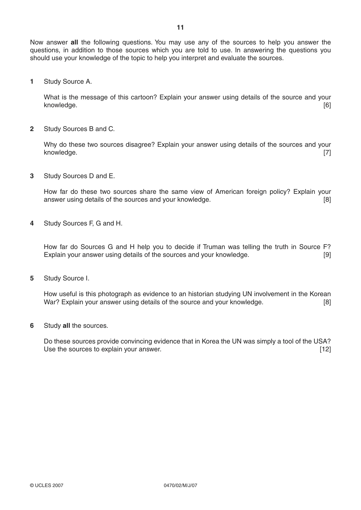 Cambridge IGCSE History 0470 2007 May/June Paper 2 · Variant 1 question paper, page 11 of 12