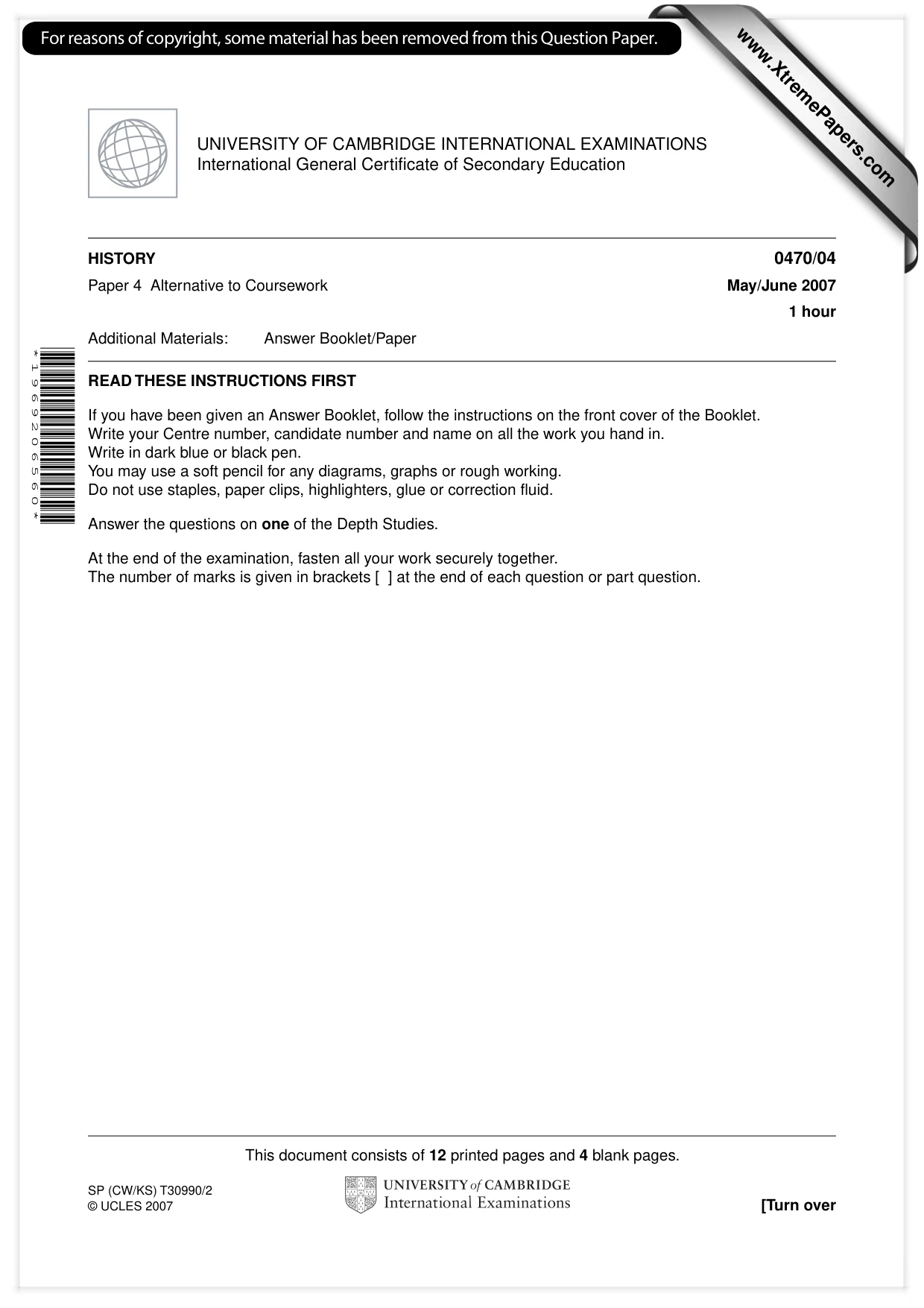 Cambridge IGCSE History 0470 2007 May/June Paper 4 · Variant 1 question paper, page 1 of 16