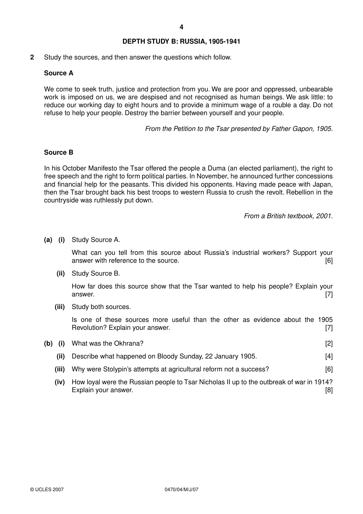 Cambridge IGCSE History 0470 2007 May/June Paper 4 · Variant 1 question paper, page 4 of 16