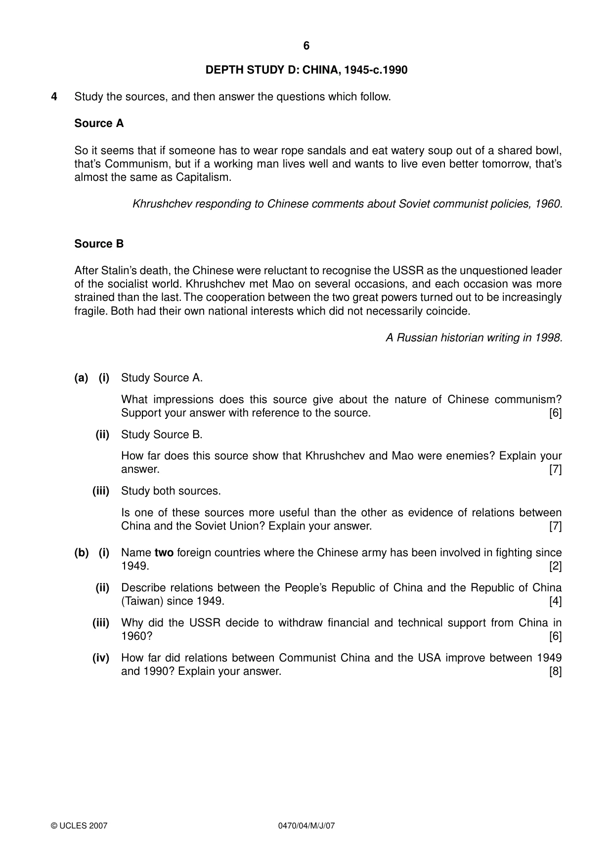 Cambridge IGCSE History 0470 2007 May/June Paper 4 · Variant 1 question paper, page 6 of 16
