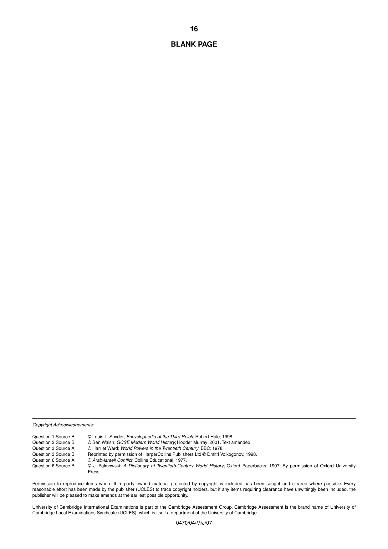 Cambridge IGCSE History 0470 2007 May/June Paper 4 · Variant 1 question paper, page 16 of 16