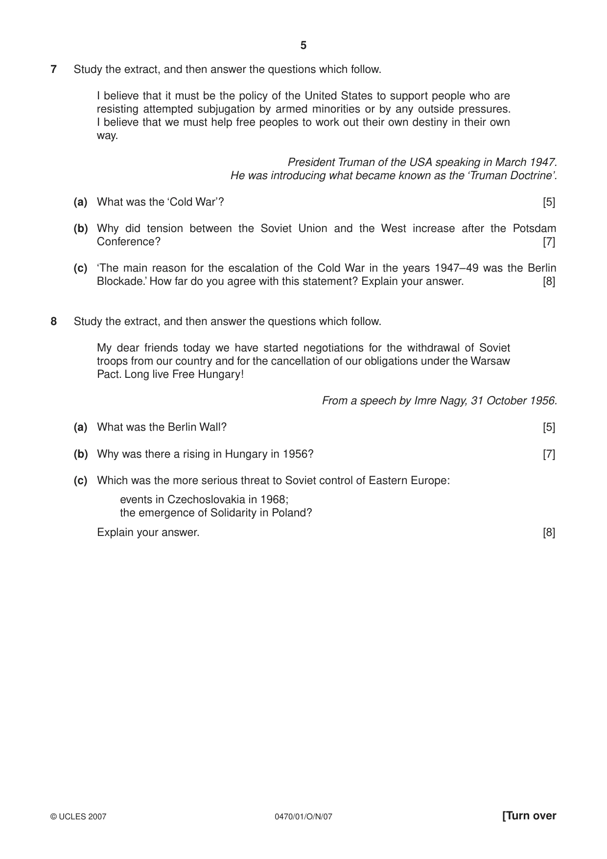 Cambridge IGCSE History 0470 2007 Oct/Nov Paper 1 · Variant 1 question paper, page 5 of 16