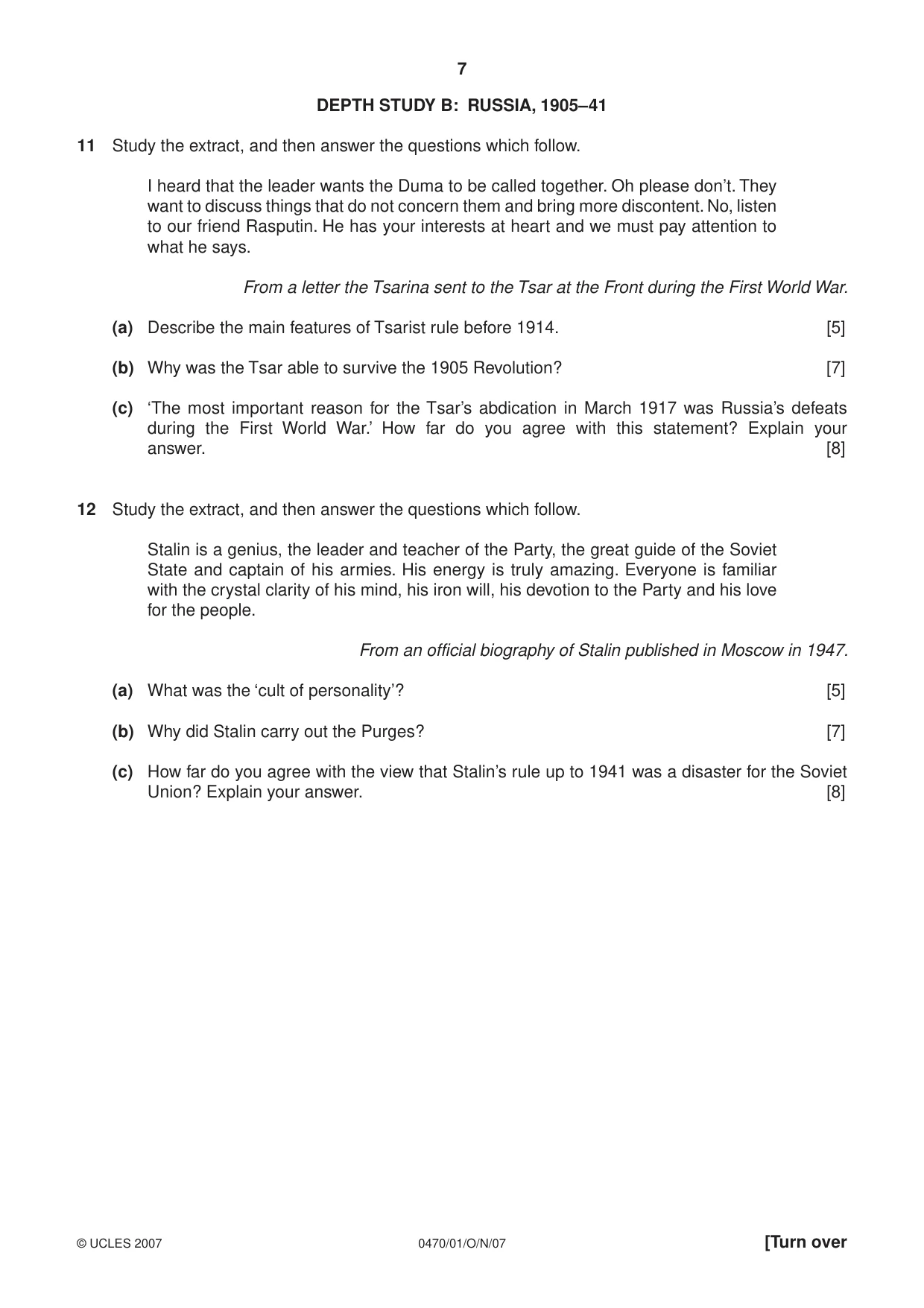 Cambridge IGCSE History 0470 2007 Oct/Nov Paper 1 · Variant 1 question paper, page 7 of 16