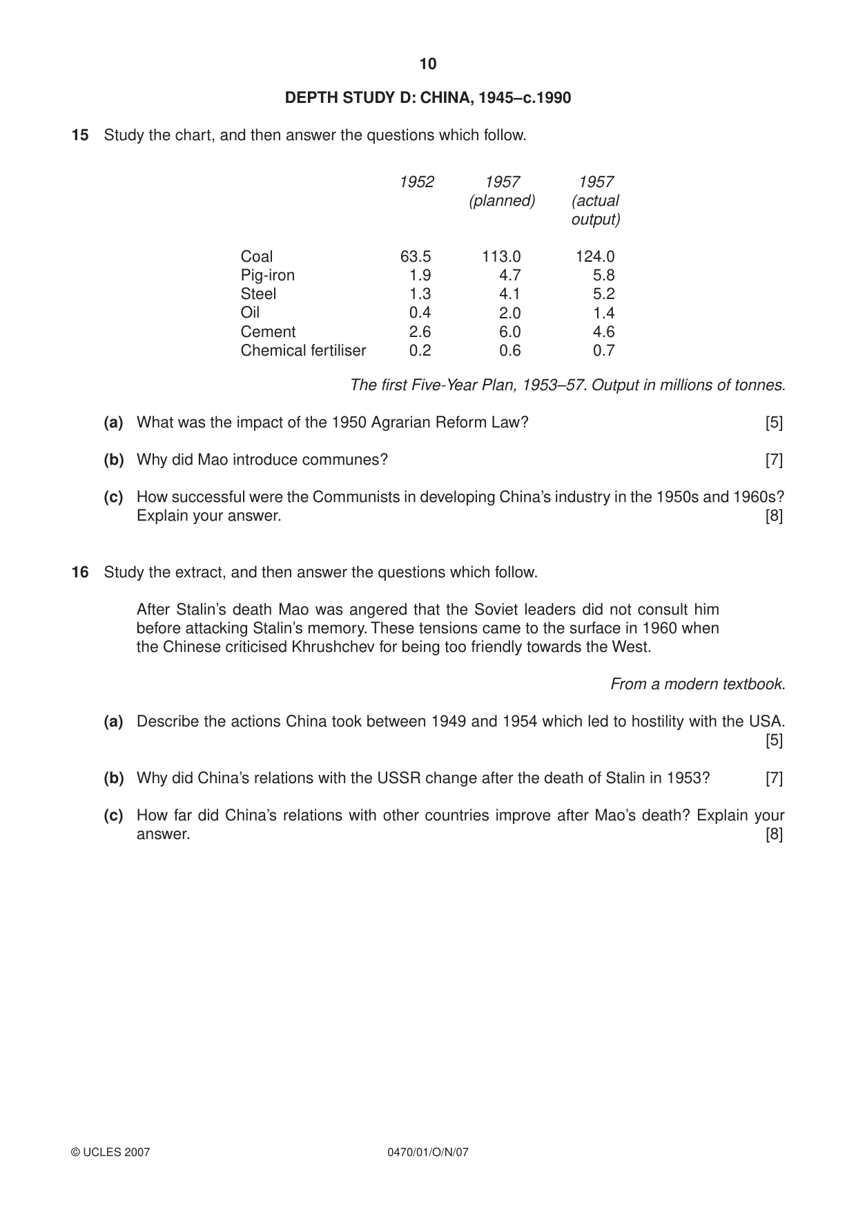 Cambridge IGCSE History 0470 2007 Oct/Nov Paper 1 · Variant 1 question paper, page 10 of 16