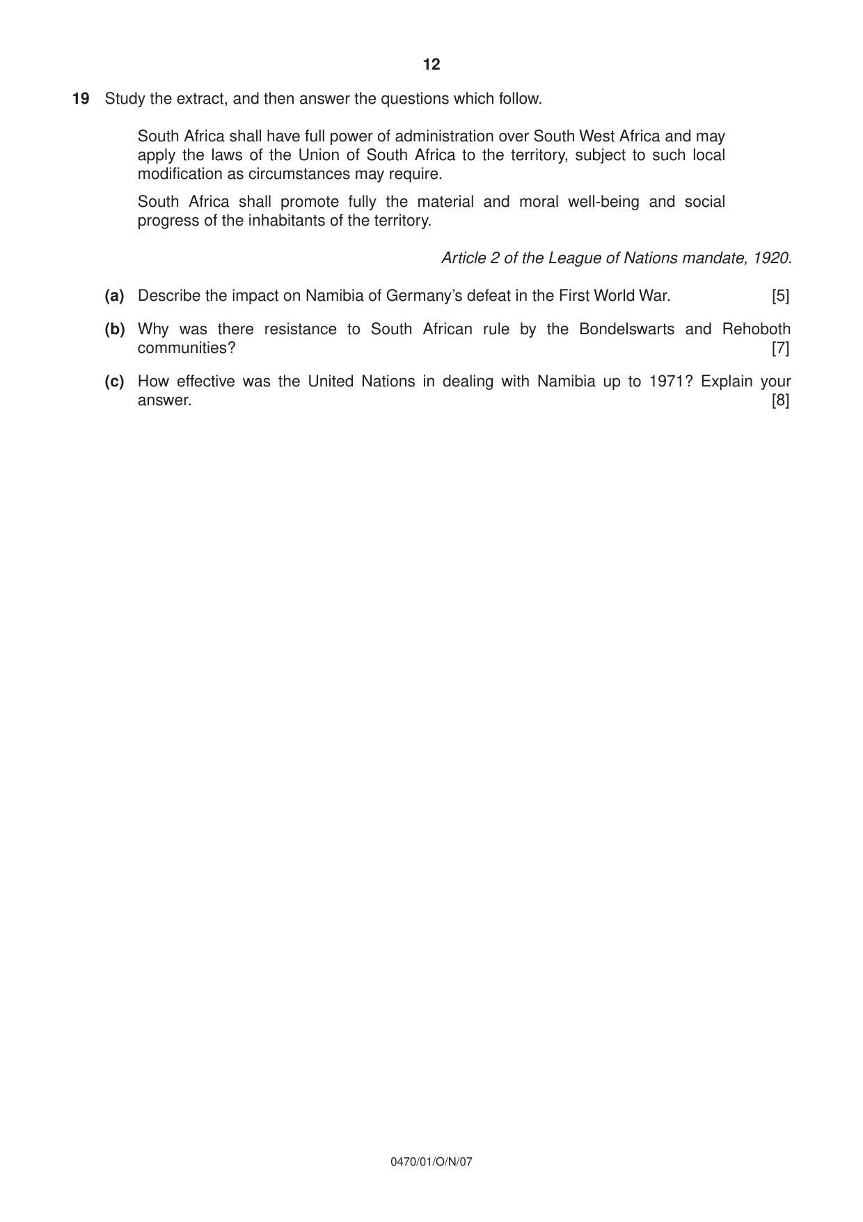 Cambridge IGCSE History 0470 2007 Oct/Nov Paper 1 · Variant 1 question paper, page 12 of 16