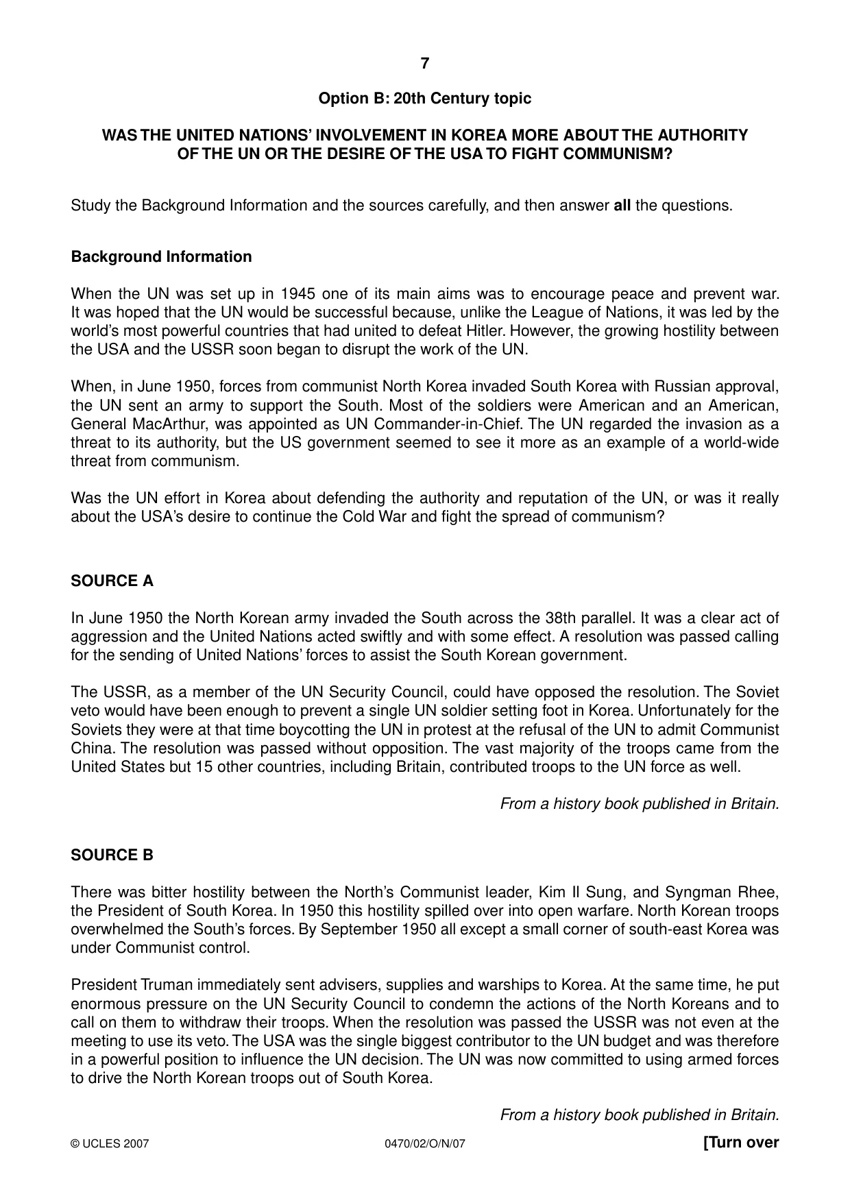 Cambridge IGCSE History 0470 2007 Oct/Nov Paper 2 · Variant 1 question paper, page 7 of 12