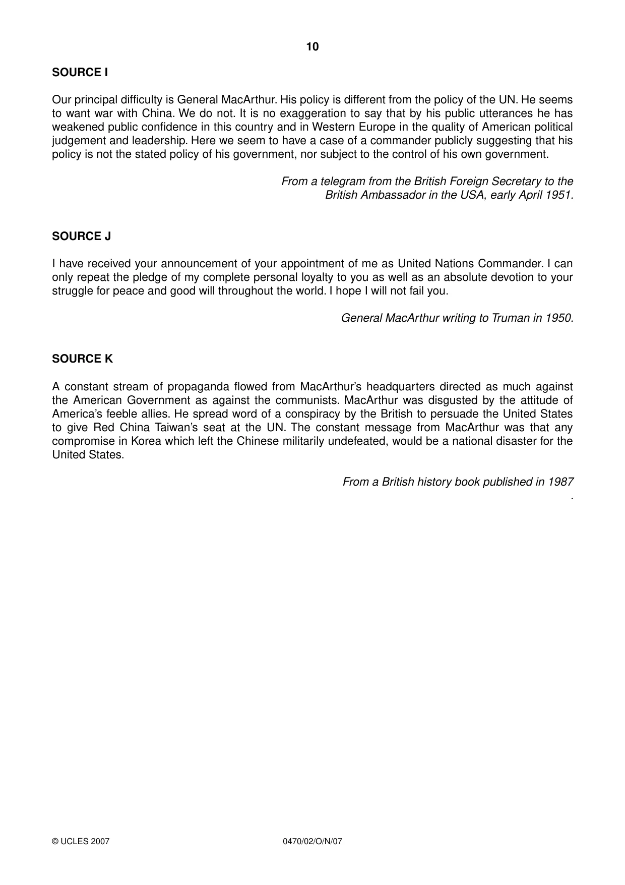 Cambridge IGCSE History 0470 2007 Oct/Nov Paper 2 · Variant 1 question paper, page 10 of 12