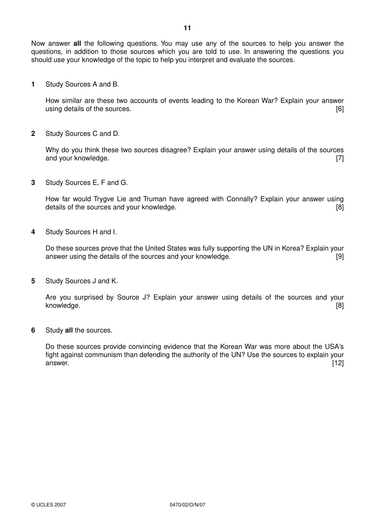 Cambridge IGCSE History 0470 2007 Oct/Nov Paper 2 · Variant 1 question paper, page 11 of 12