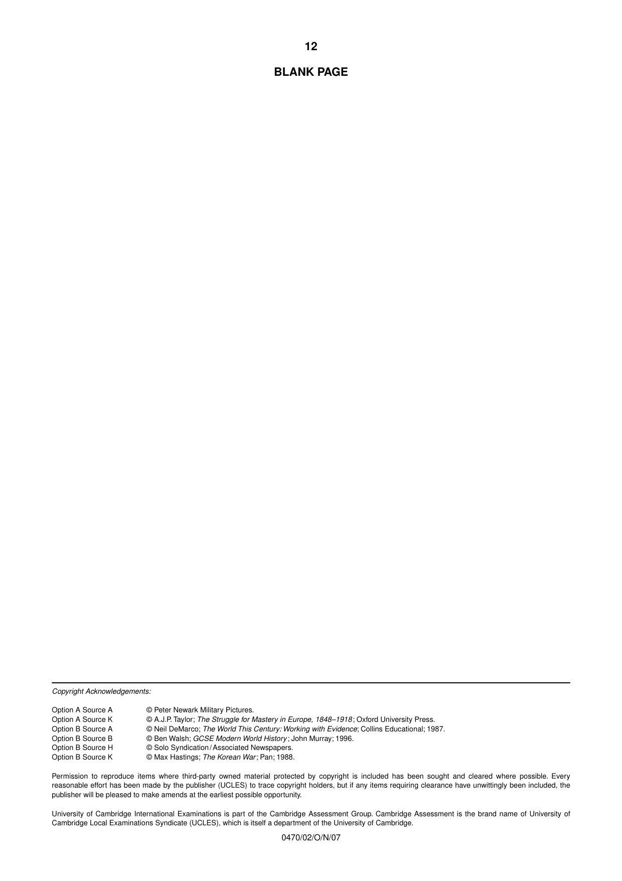 Cambridge IGCSE History 0470 2007 Oct/Nov Paper 2 · Variant 1 question paper, page 12 of 12
