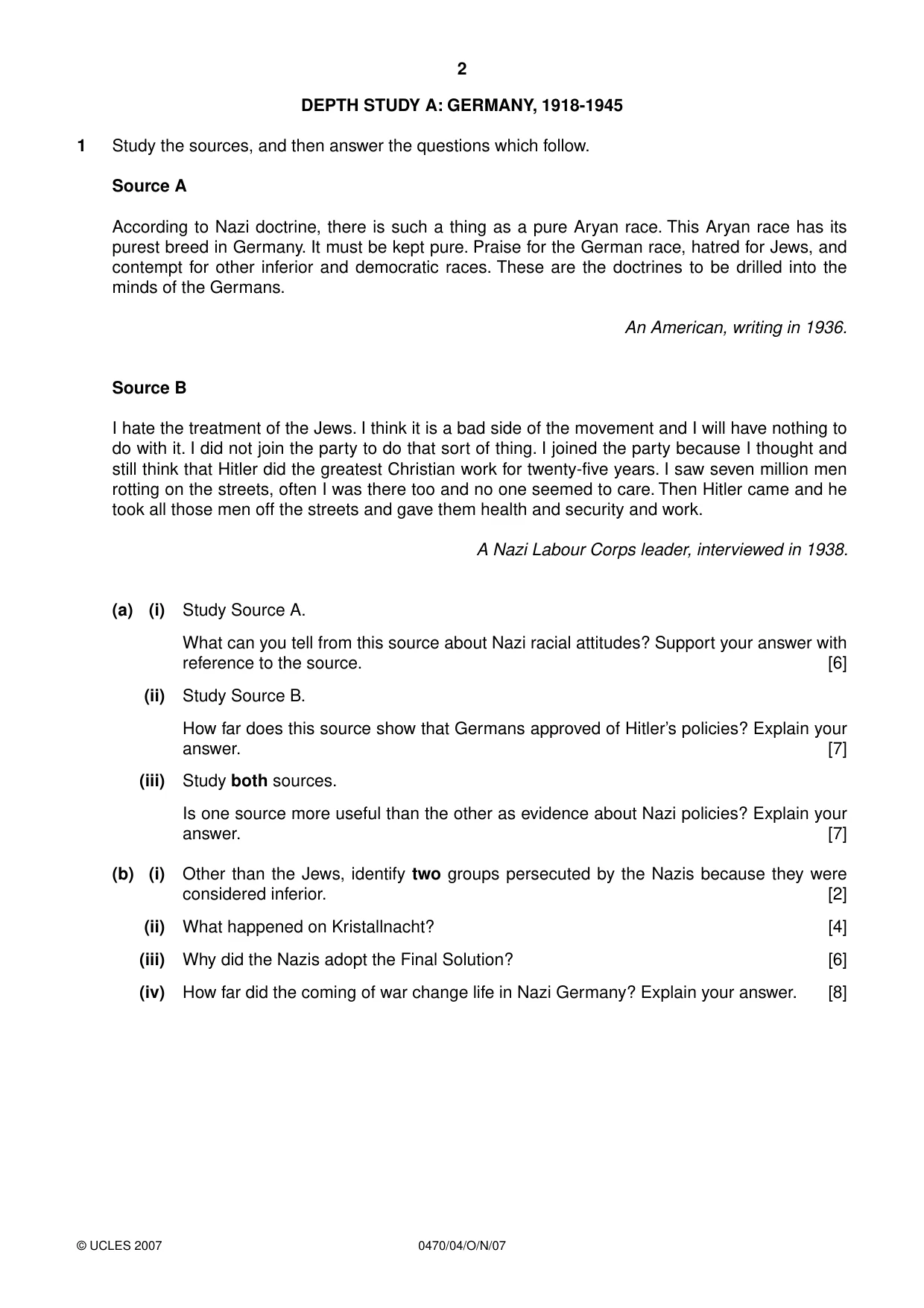 Cambridge IGCSE History 0470 2007 Oct/Nov Paper 4 · Variant 1 question paper, page 2 of 11