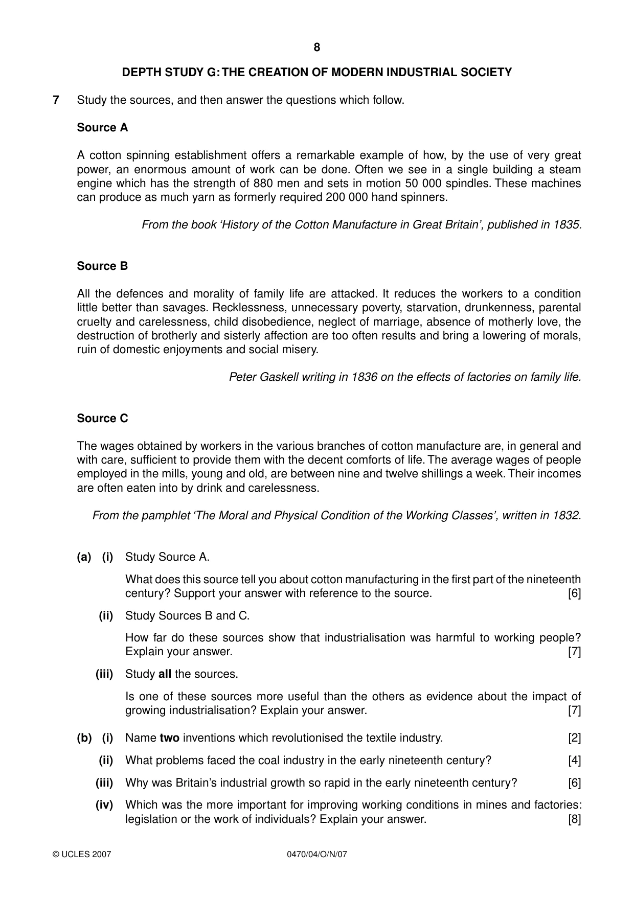 Cambridge IGCSE History 0470 2007 Oct/Nov Paper 4 · Variant 1 question paper, page 7 of 11
