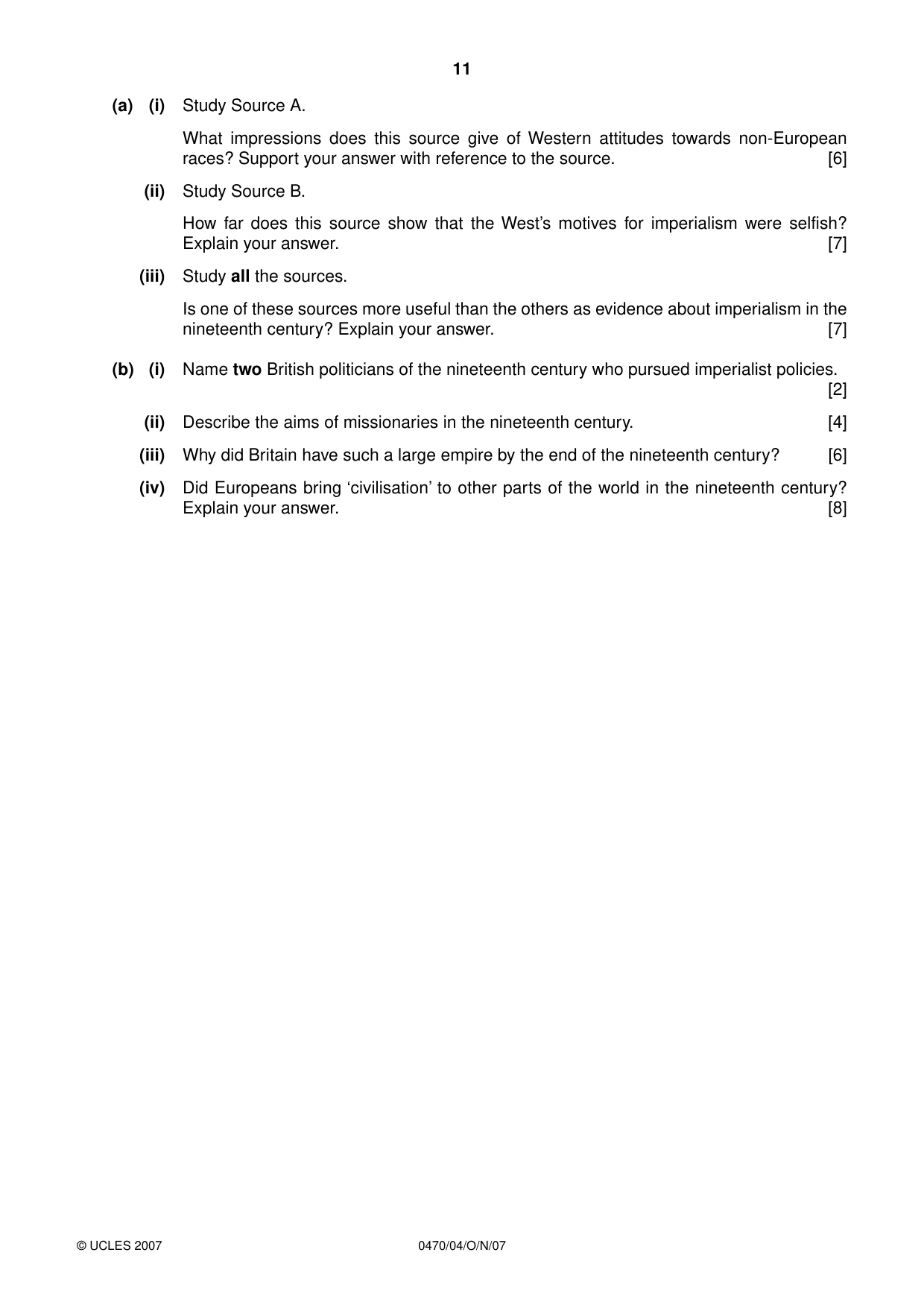 Cambridge IGCSE History 0470 2007 Oct/Nov Paper 4 · Variant 1 question paper, page 10 of 11