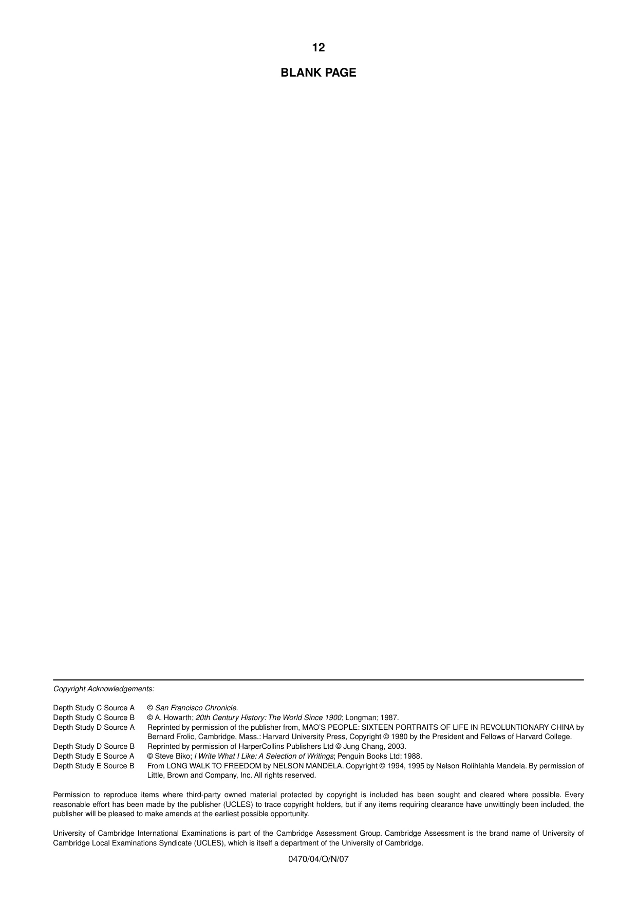 Cambridge IGCSE History 0470 2007 Oct/Nov Paper 4 · Variant 1 question paper, page 11 of 11
