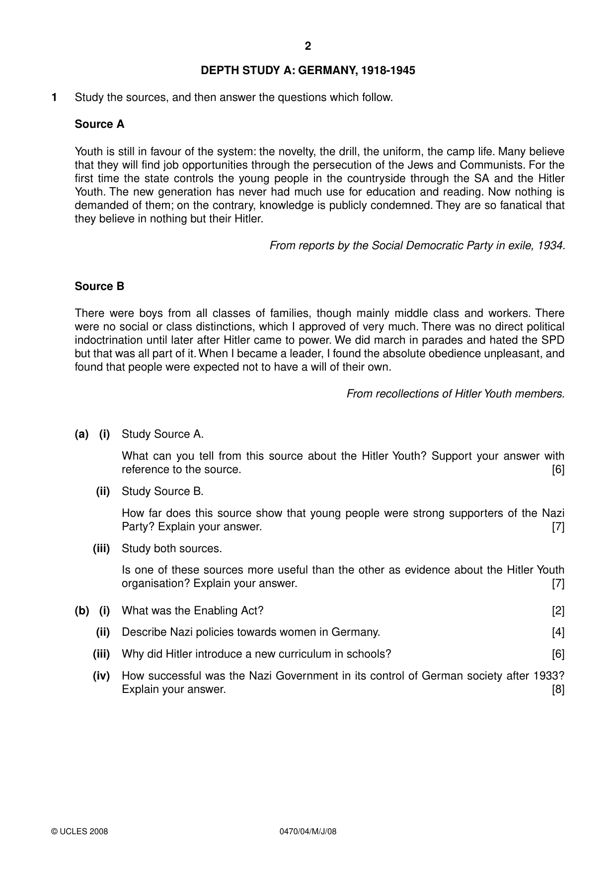 Cambridge IGCSE History 0470 2008 May/June Paper 4 · Variant 1 question paper, page 2 of 16