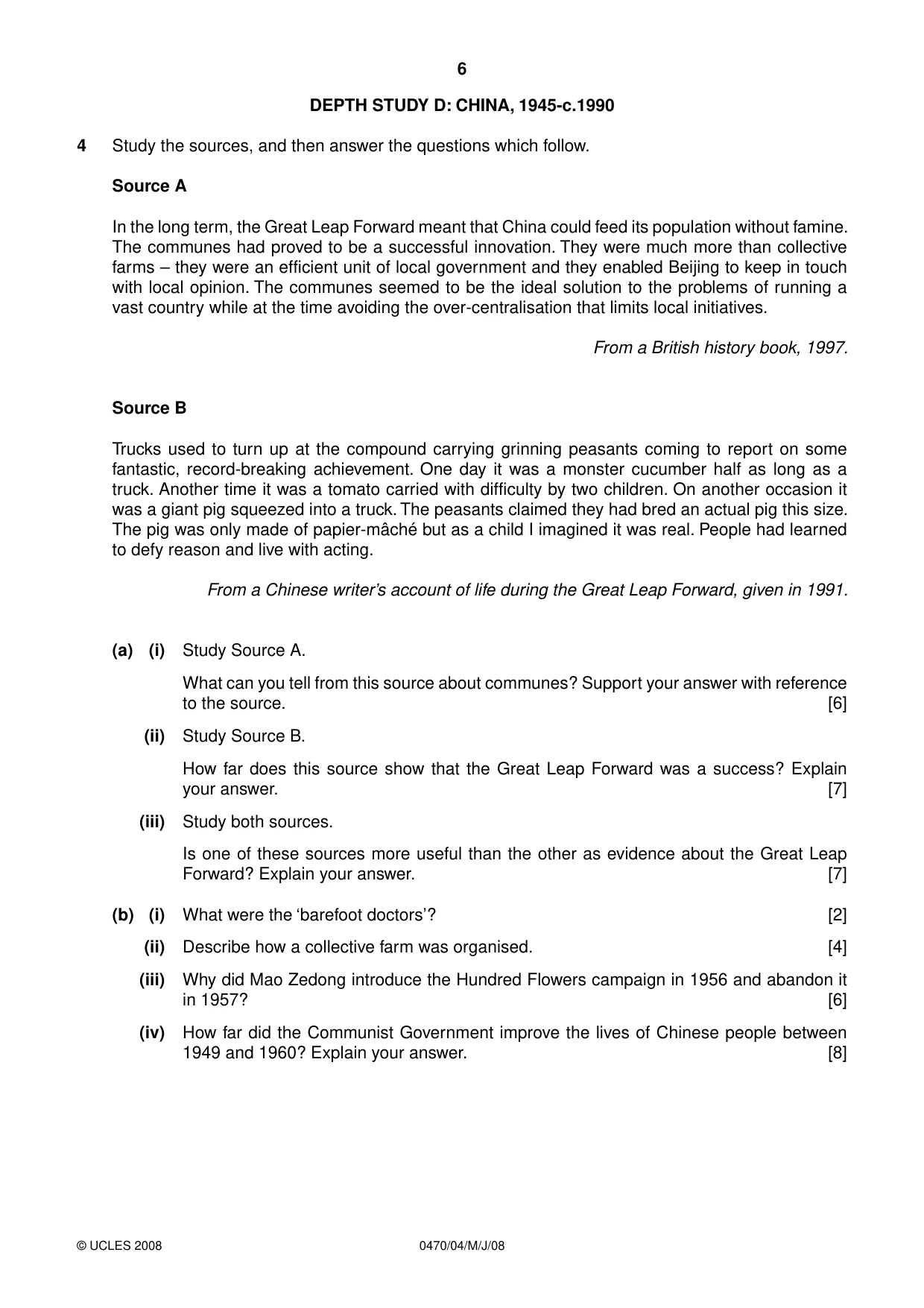 Cambridge IGCSE History 0470 2008 May/June Paper 4 · Variant 1 question paper, page 6 of 16