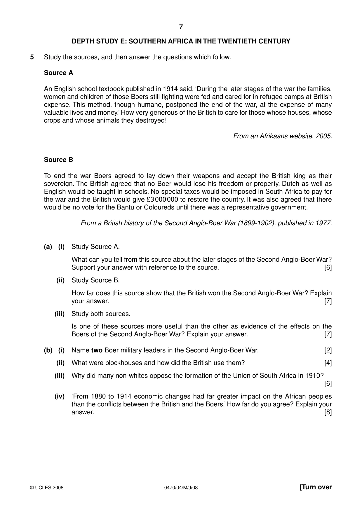 Cambridge IGCSE History 0470 2008 May/June Paper 4 · Variant 1 question paper, page 7 of 16