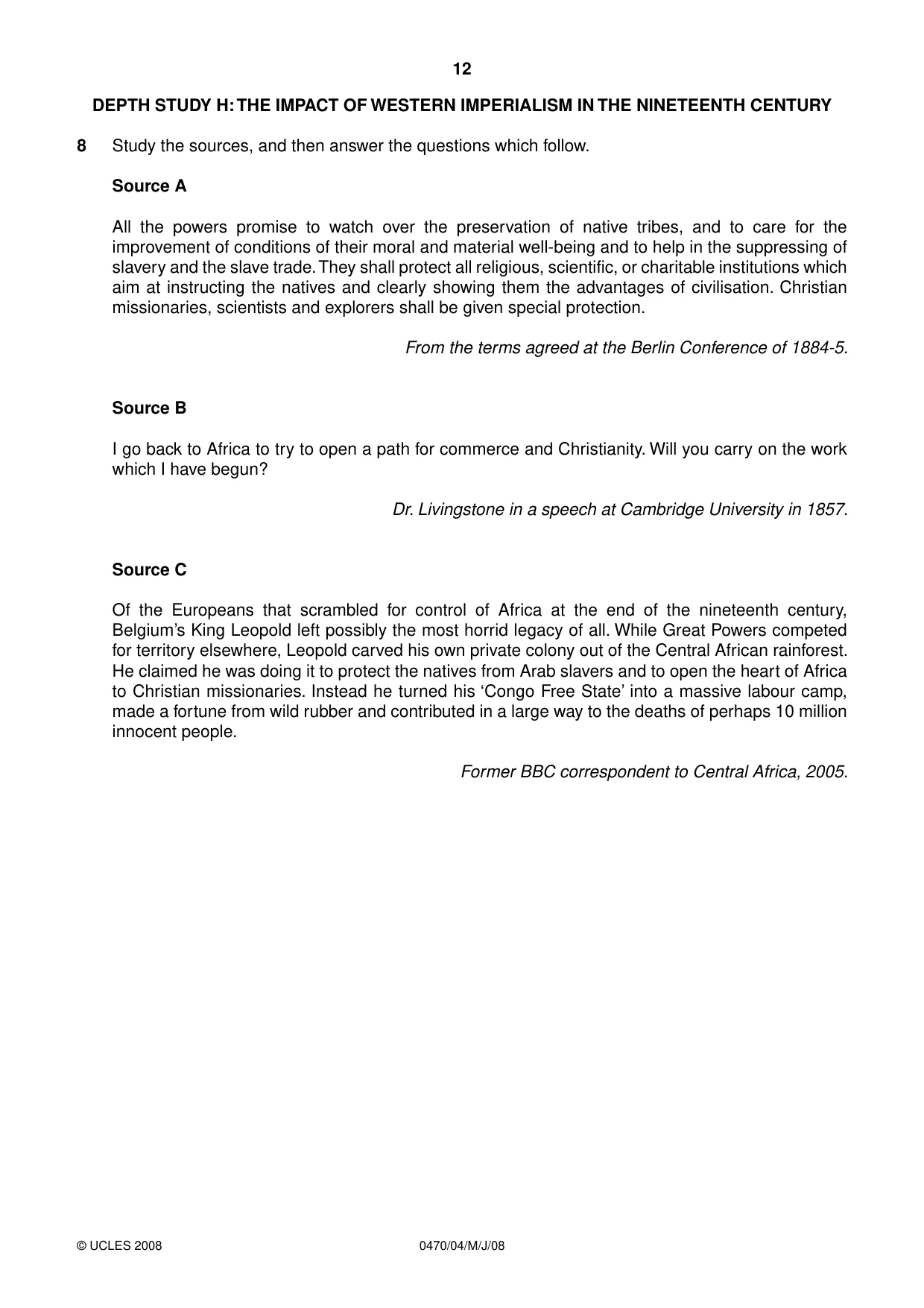 Cambridge IGCSE History 0470 2008 May/June Paper 4 · Variant 1 question paper, page 12 of 16