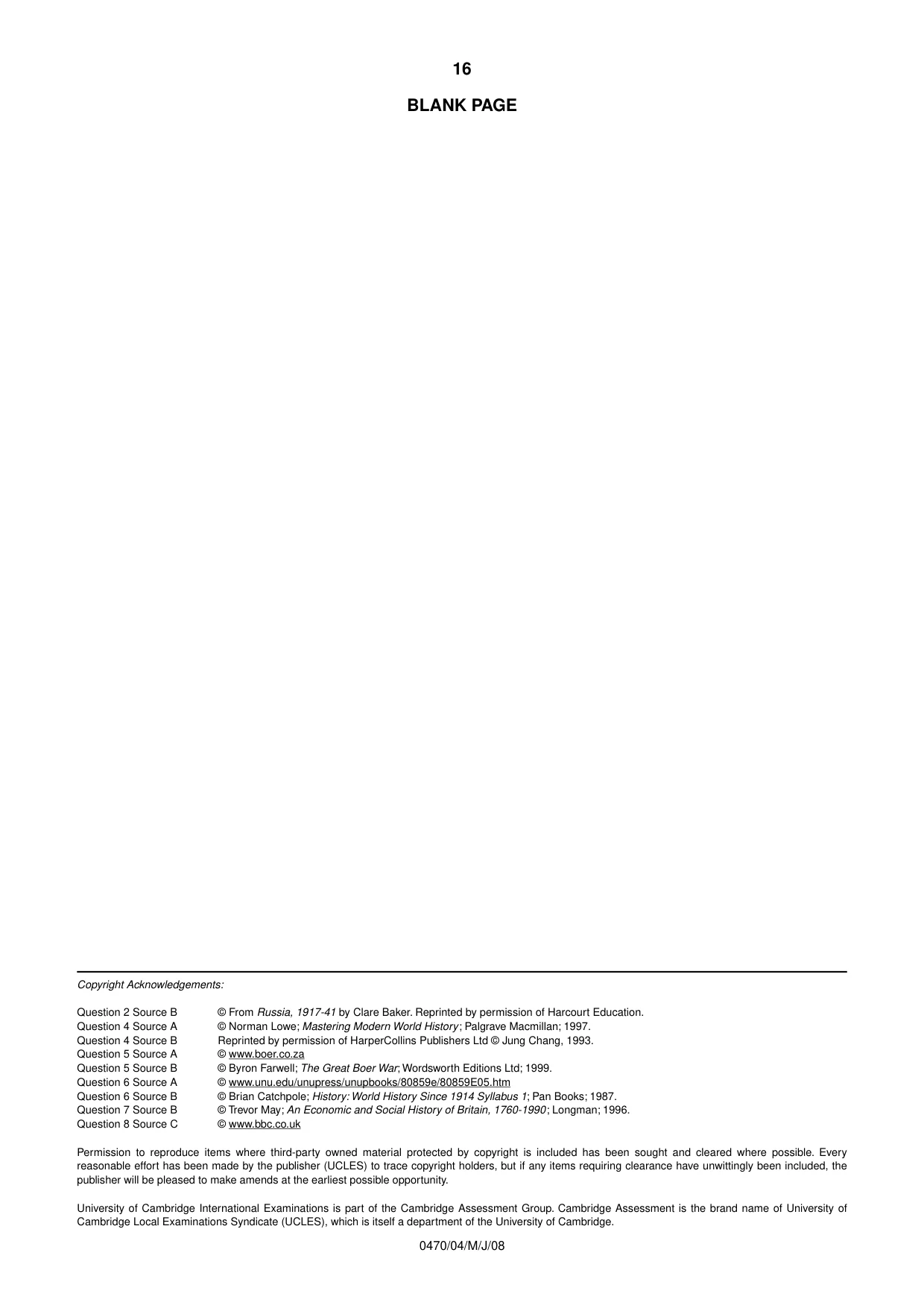 Cambridge IGCSE History 0470 2008 May/June Paper 4 · Variant 1 question paper, page 16 of 16