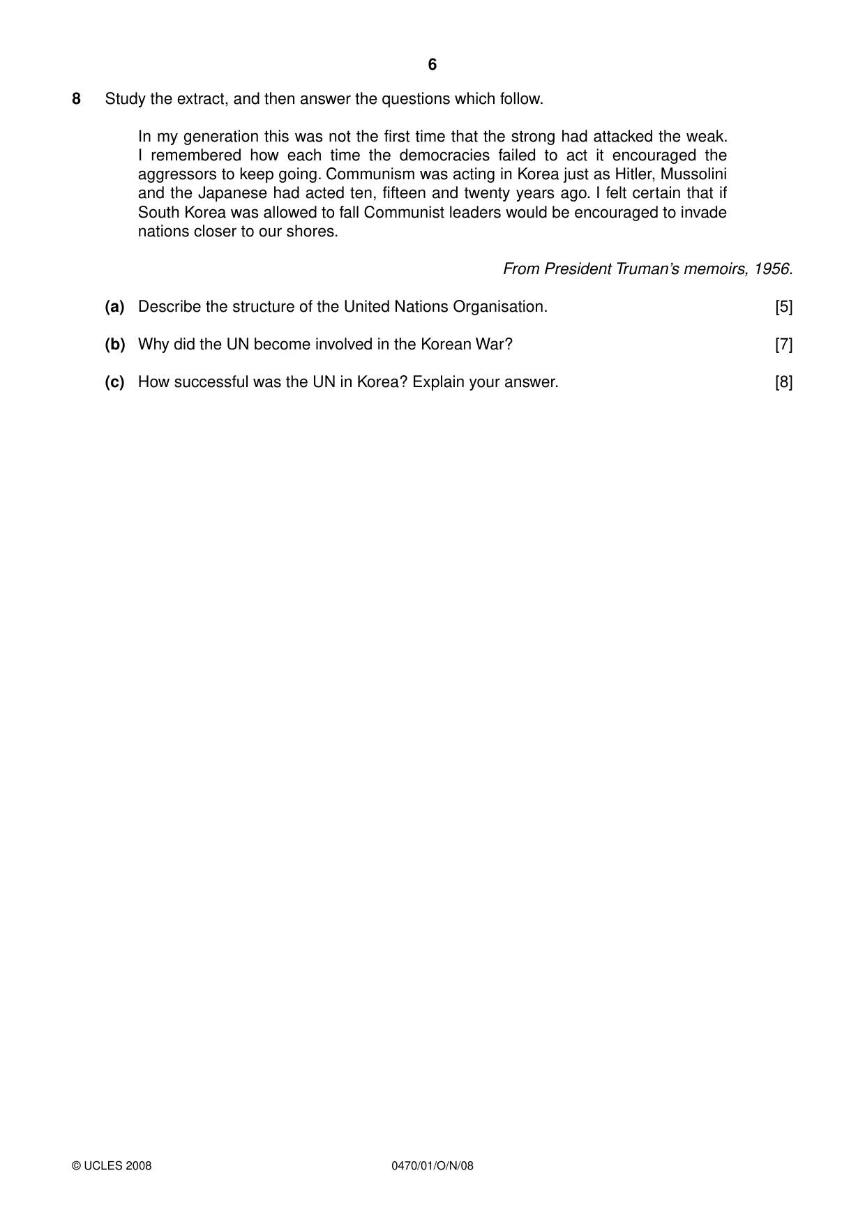 Cambridge IGCSE History 0470 2008 Oct/Nov Paper 1 · Variant 1 question paper, page 6 of 20
