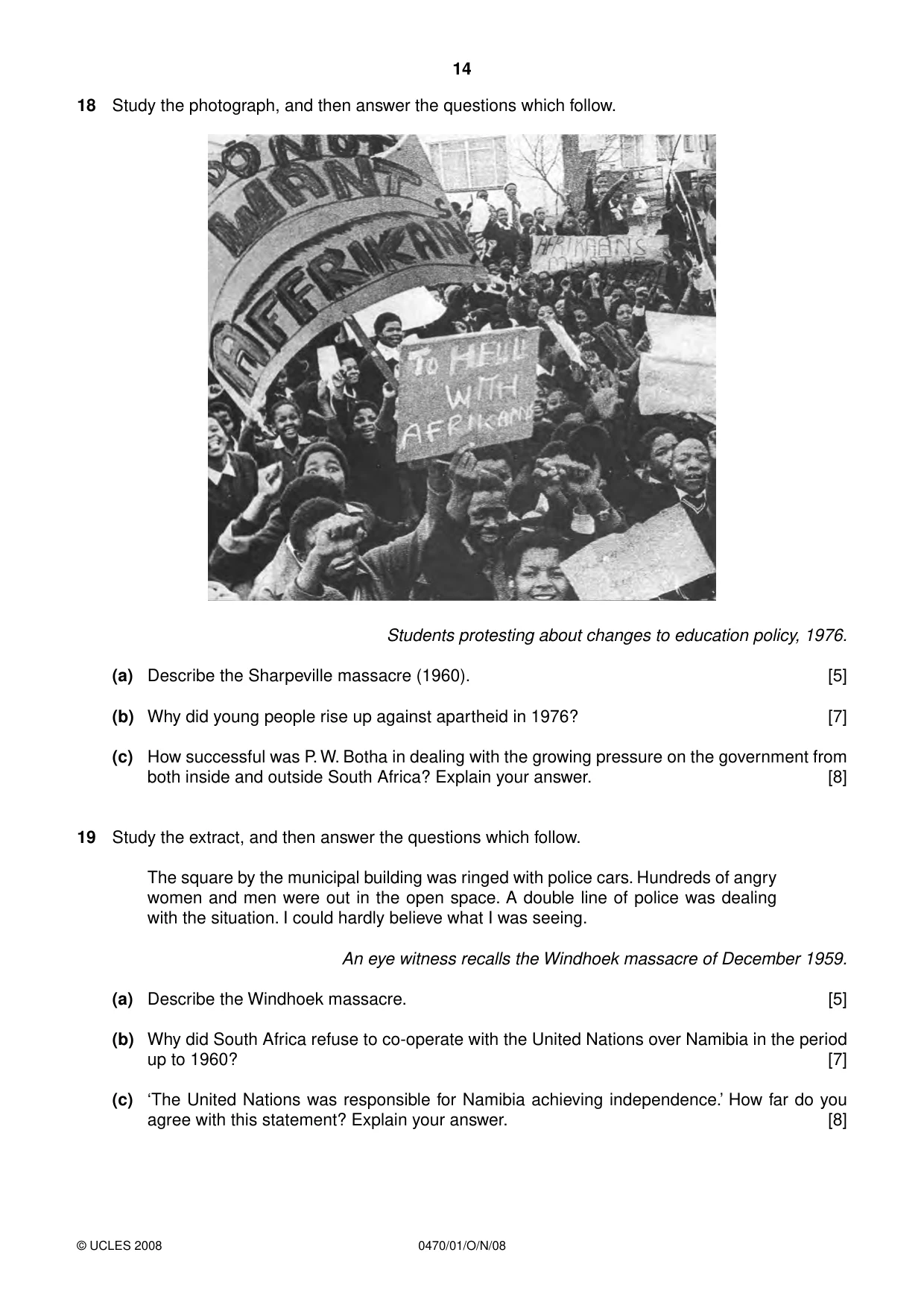Cambridge IGCSE History 0470 2008 Oct/Nov Paper 1 · Variant 1 question paper, page 14 of 20