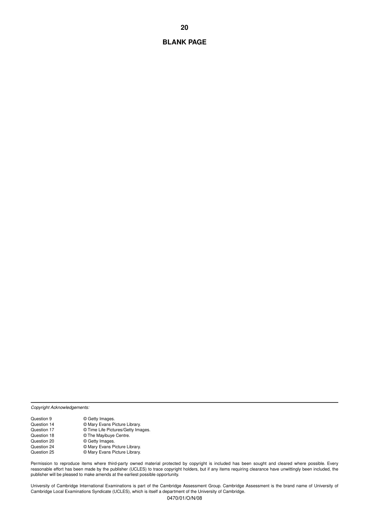 Cambridge IGCSE History 0470 2008 Oct/Nov Paper 1 · Variant 1 question paper, page 20 of 20