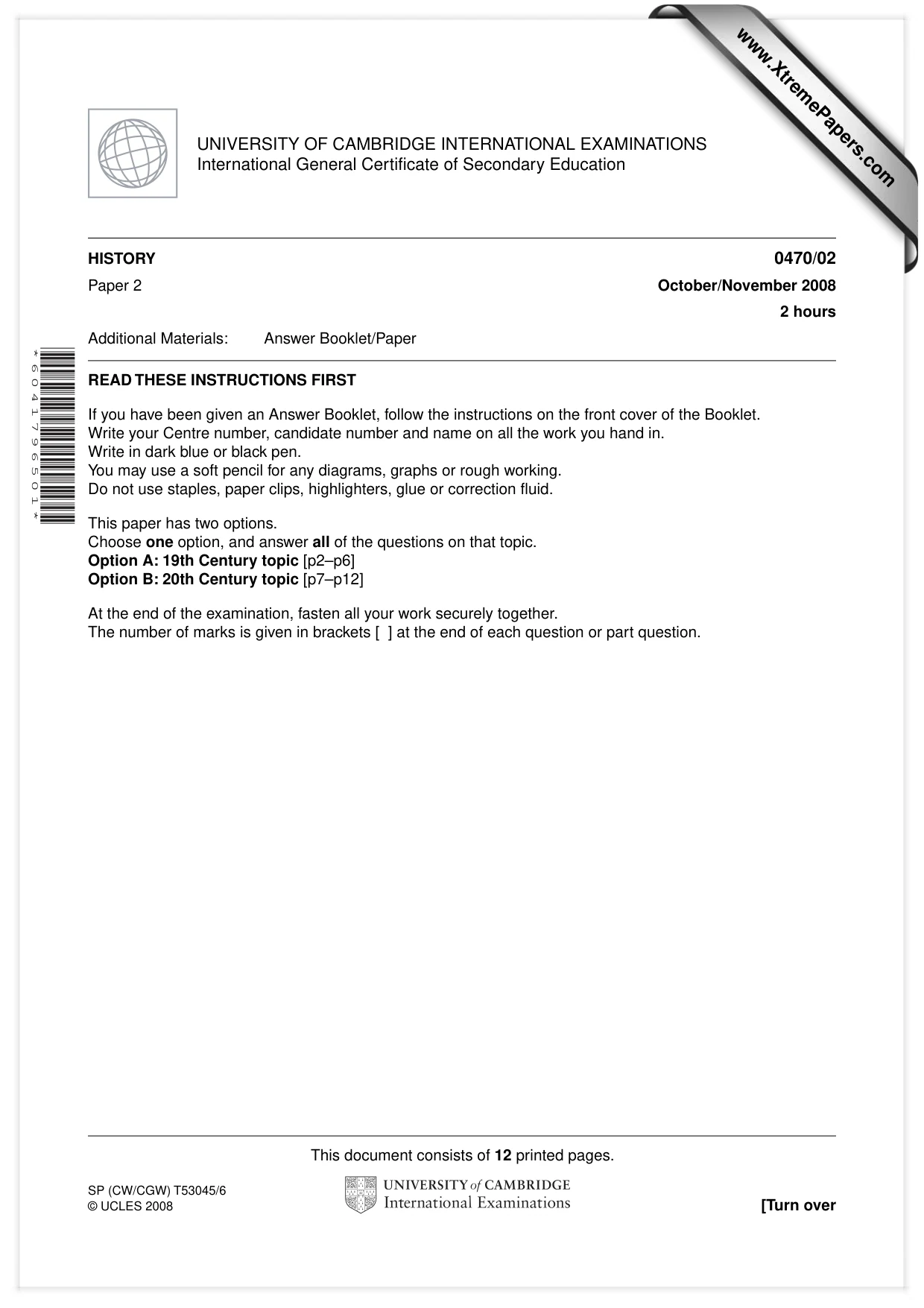 Cambridge IGCSE History 0470 2008 Oct/Nov Paper 2 · Variant 1 question paper, page 1 of 12