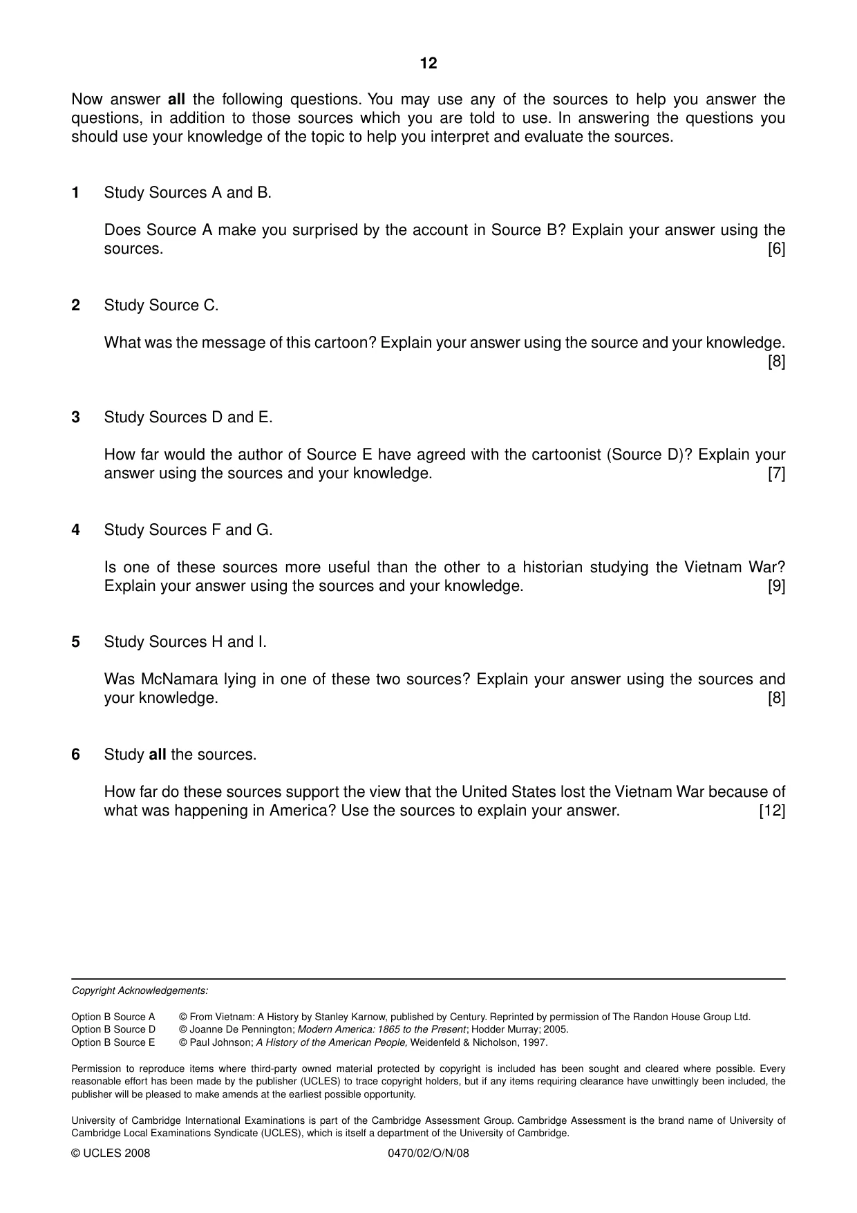 Cambridge IGCSE History 0470 2008 Oct/Nov Paper 2 · Variant 1 question paper, page 12 of 12