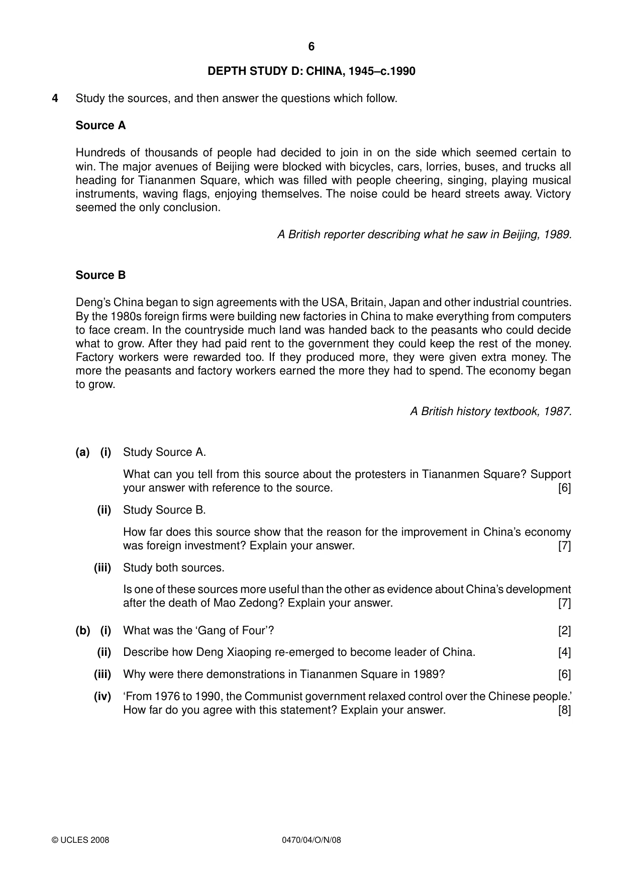 Cambridge IGCSE History 0470 2008 Oct/Nov Paper 4 · Variant 1 question paper, page 6 of 12
