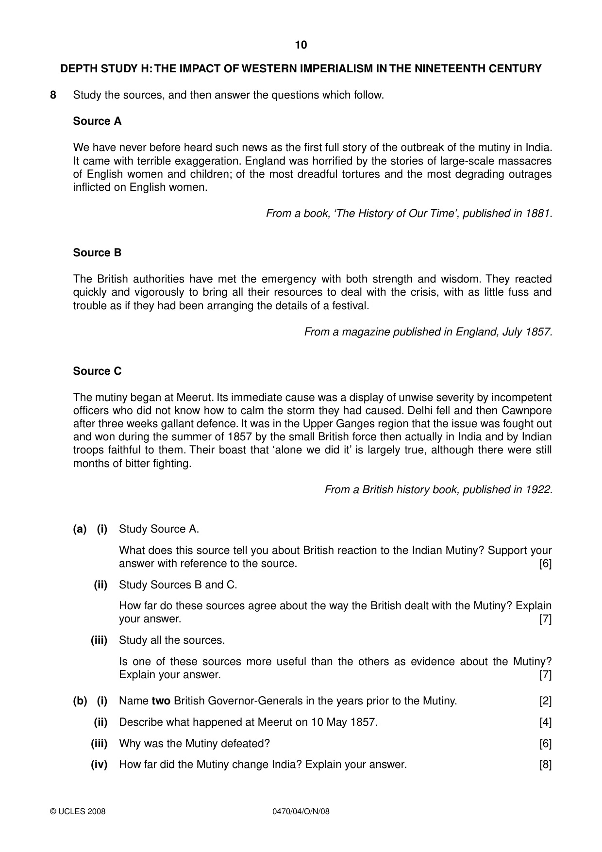 Cambridge IGCSE History 0470 2008 Oct/Nov Paper 4 · Variant 1 question paper, page 10 of 12