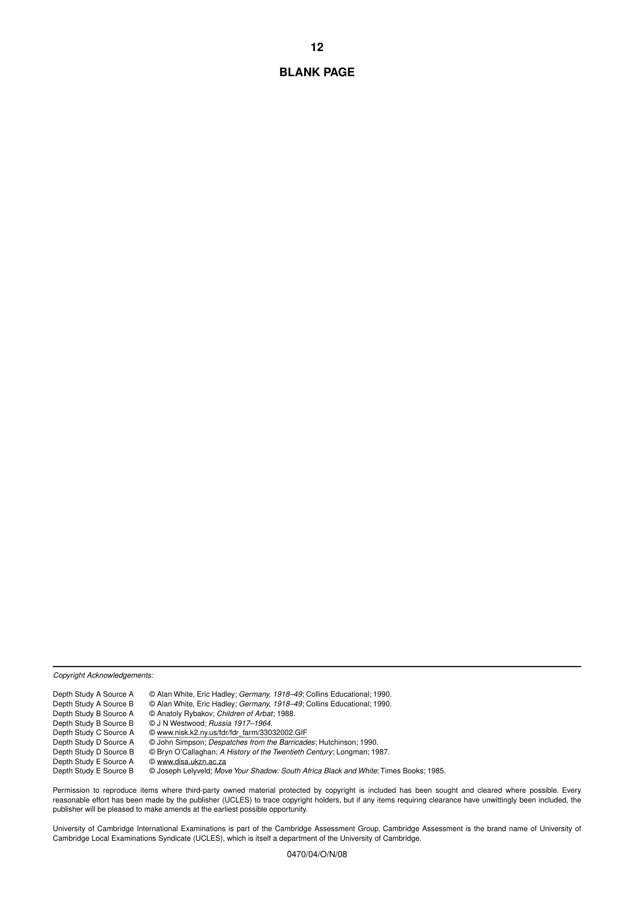 Cambridge IGCSE History 0470 2008 Oct/Nov Paper 4 · Variant 1 question paper, page 12 of 12