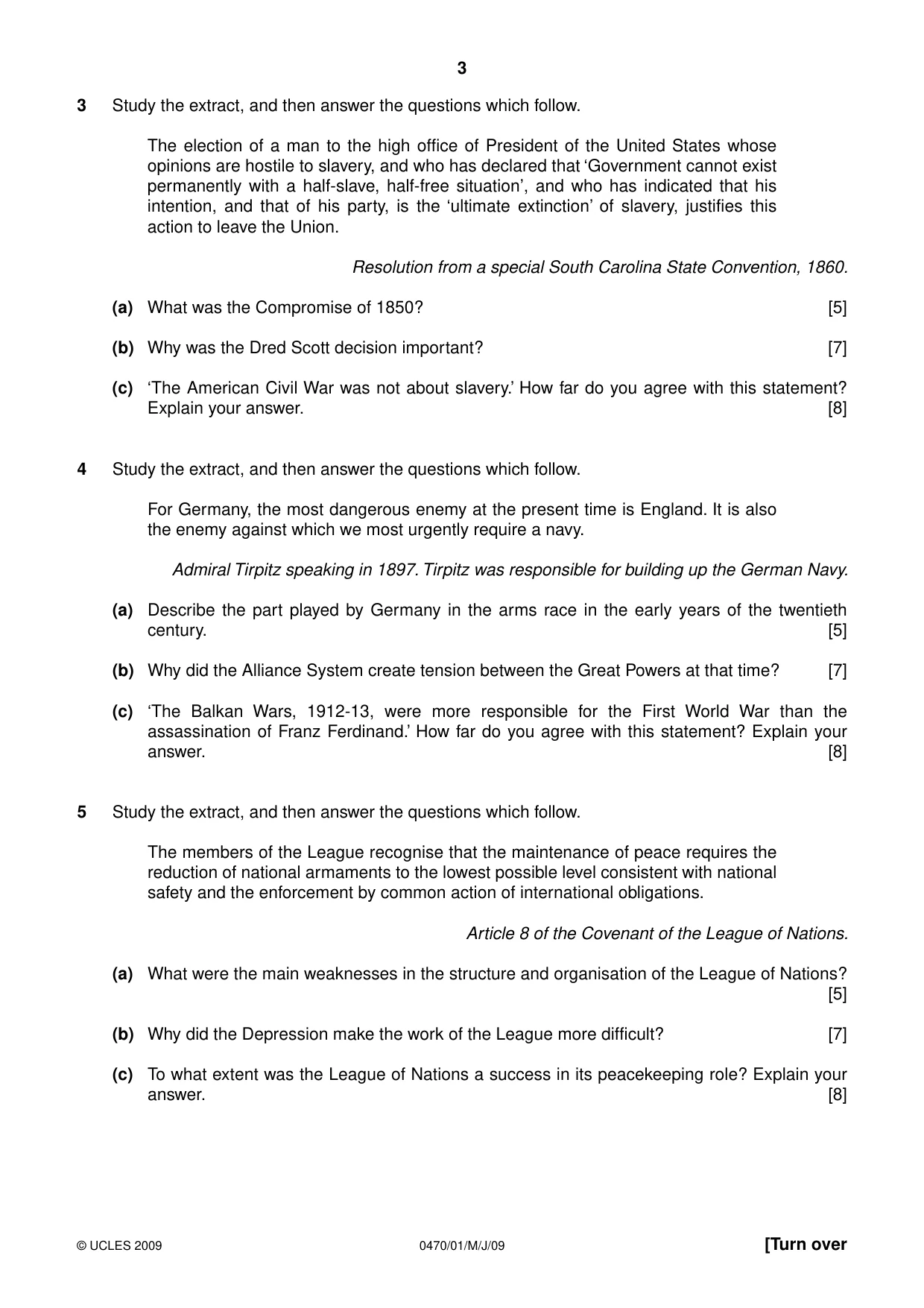 Cambridge IGCSE History 0470 2009 May/June Paper 1 · Variant 1 question paper, page 3 of 20