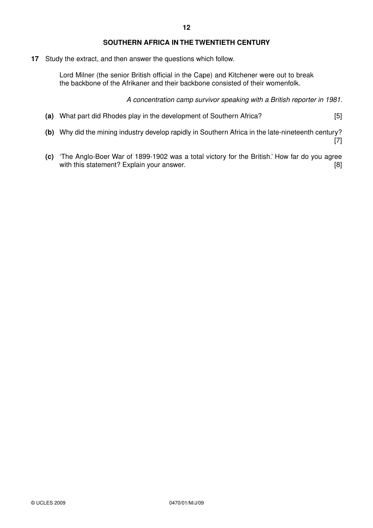 Cambridge IGCSE History 0470 2009 May/June Paper 1 · Variant 1 question paper, page 12 of 20