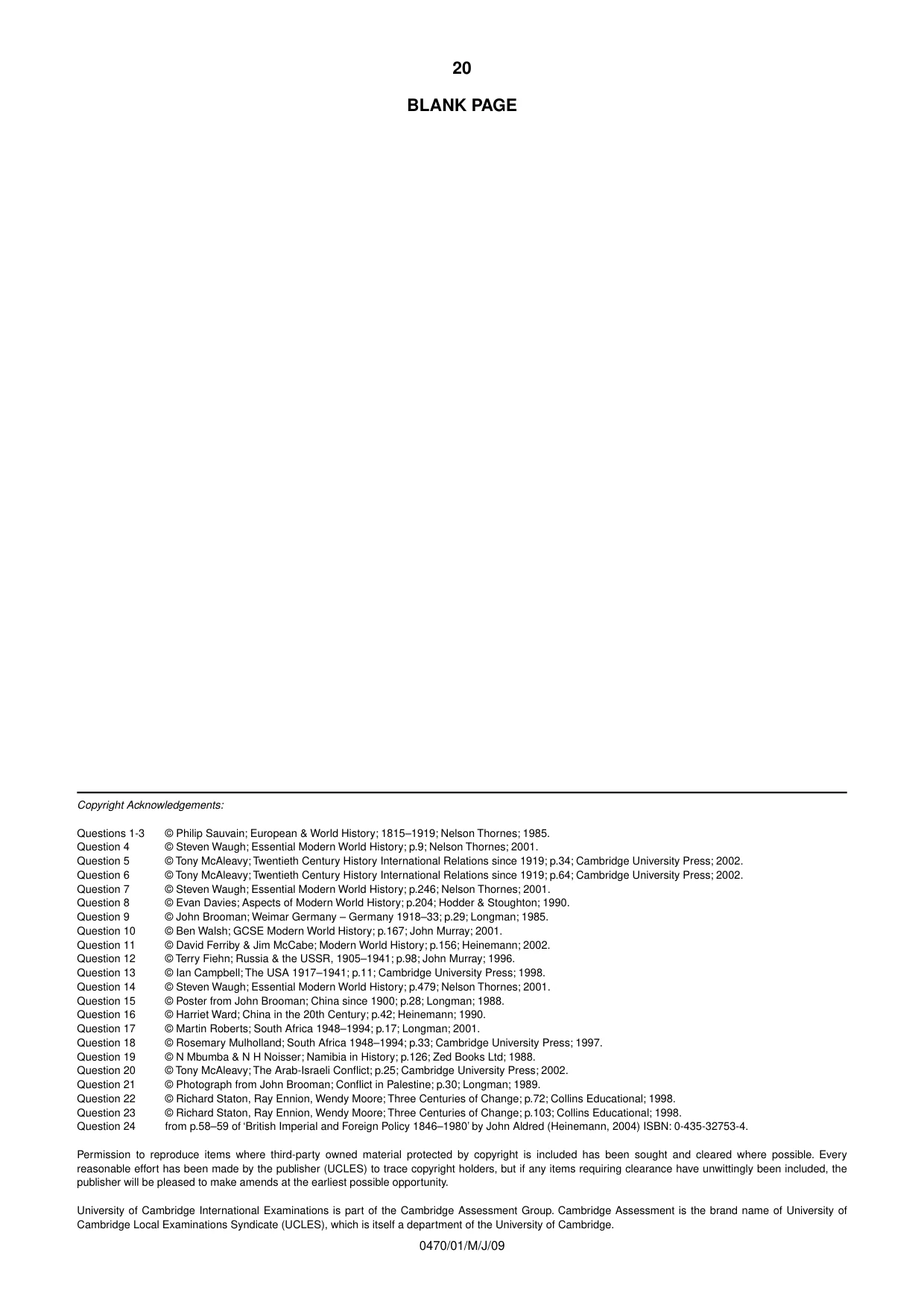 Cambridge IGCSE History 0470 2009 May/June Paper 1 · Variant 1 question paper, page 20 of 20