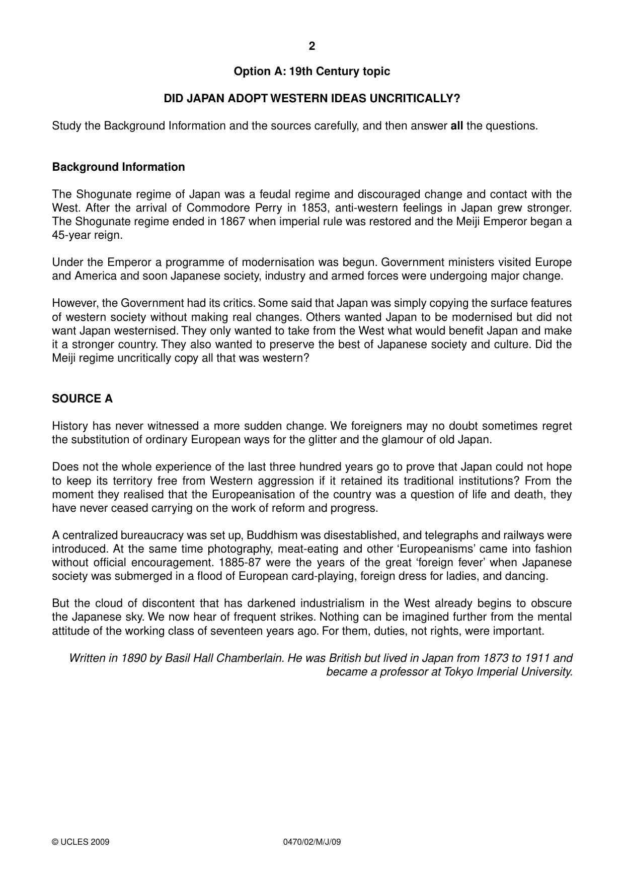 Cambridge IGCSE History 0470 2009 May/June Paper 2 · Variant 1 question paper, page 2 of 12