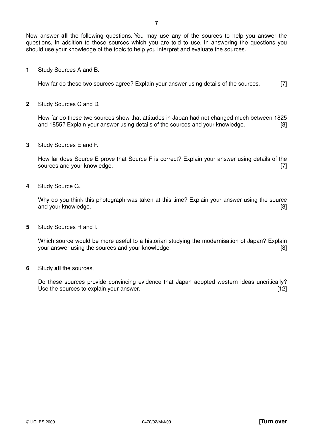 Cambridge IGCSE History 0470 2009 May/June Paper 2 · Variant 1 question paper, page 7 of 12