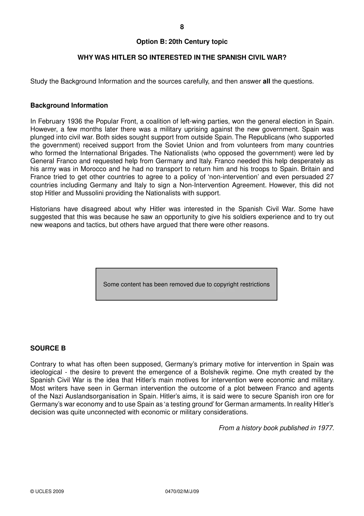 Cambridge IGCSE History 0470 2009 May/June Paper 2 · Variant 1 question paper, page 8 of 12