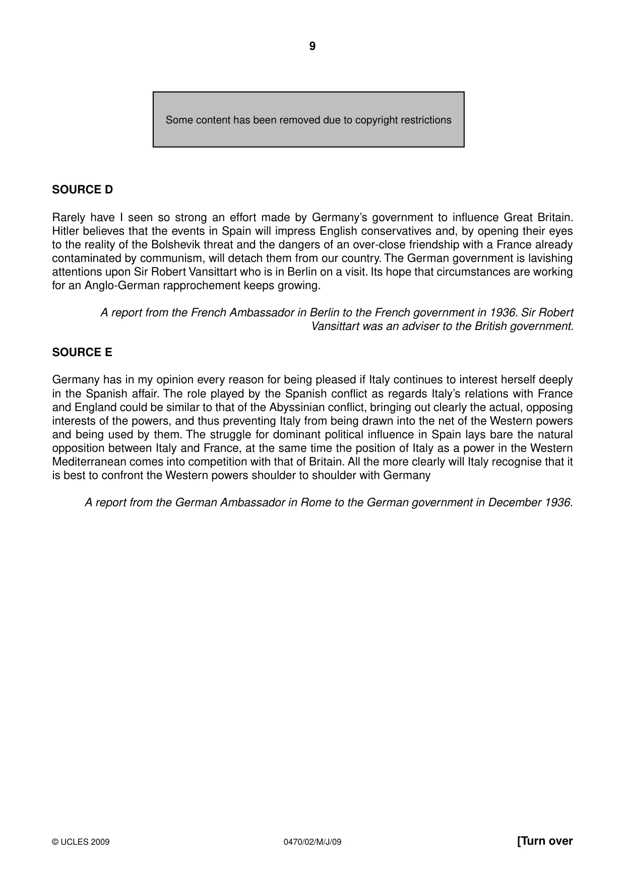 Cambridge IGCSE History 0470 2009 May/June Paper 2 · Variant 1 question paper, page 9 of 12