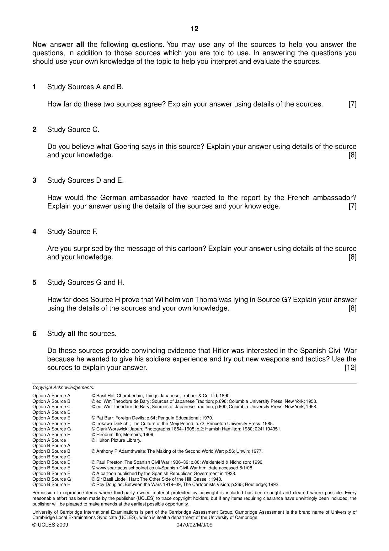Cambridge IGCSE History 0470 2009 May/June Paper 2 · Variant 1 question paper, page 12 of 12