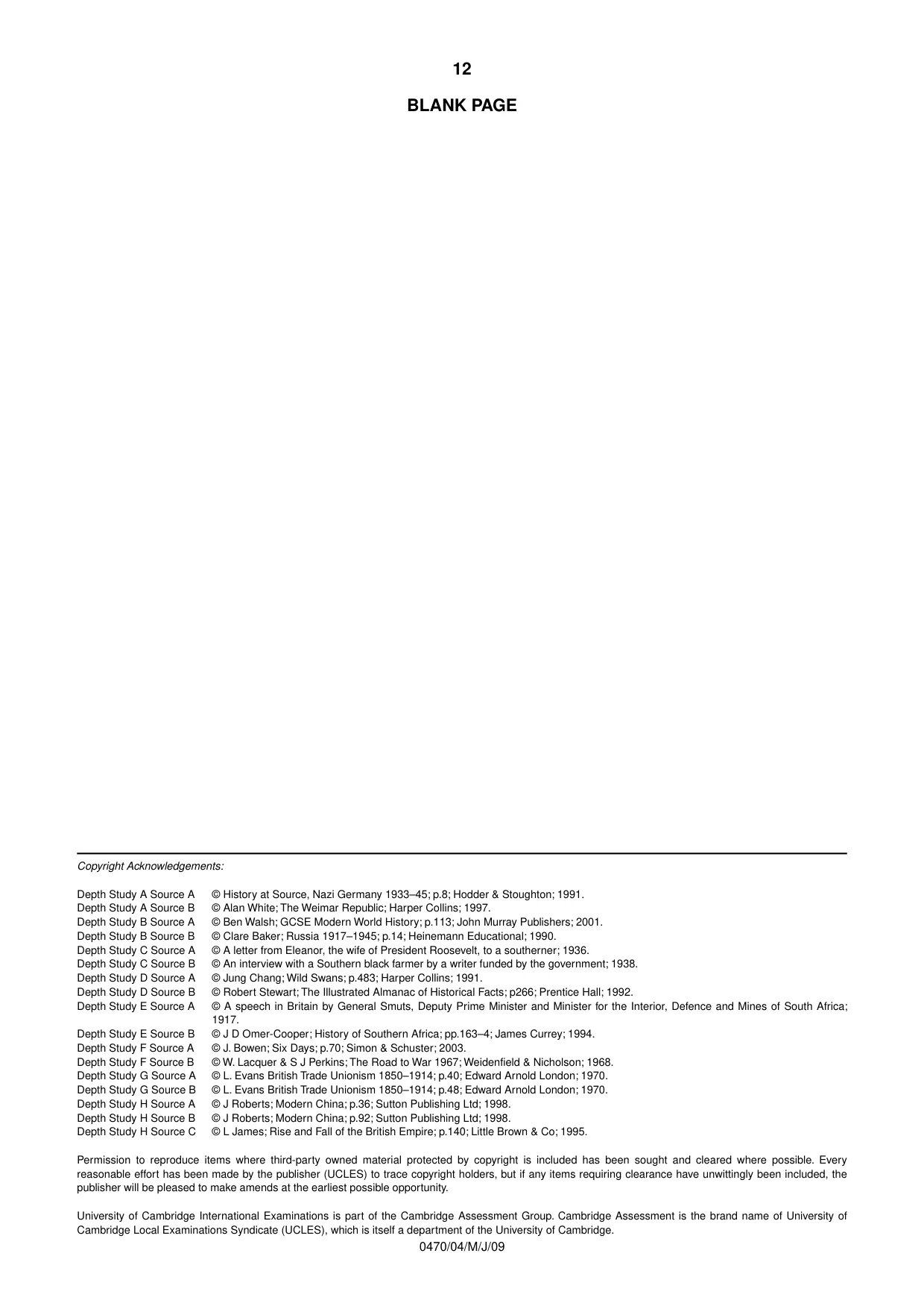 Cambridge IGCSE History 0470 2009 May/June Paper 4 · Variant 1 question paper, page 12 of 12
