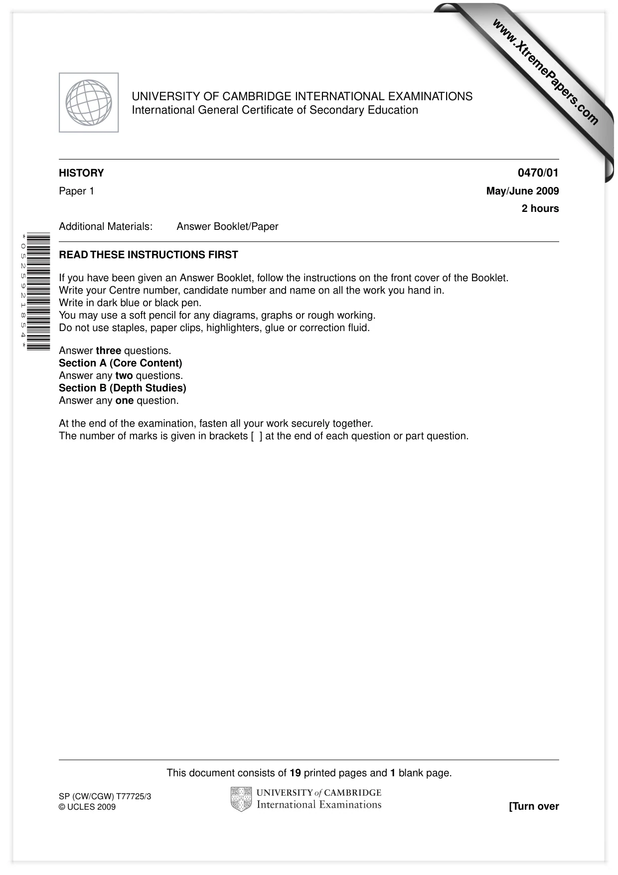 Cambridge IGCSE History 0470 2009 Oct/Nov Paper 1 · Variant 1 question paper, page 1 of 20