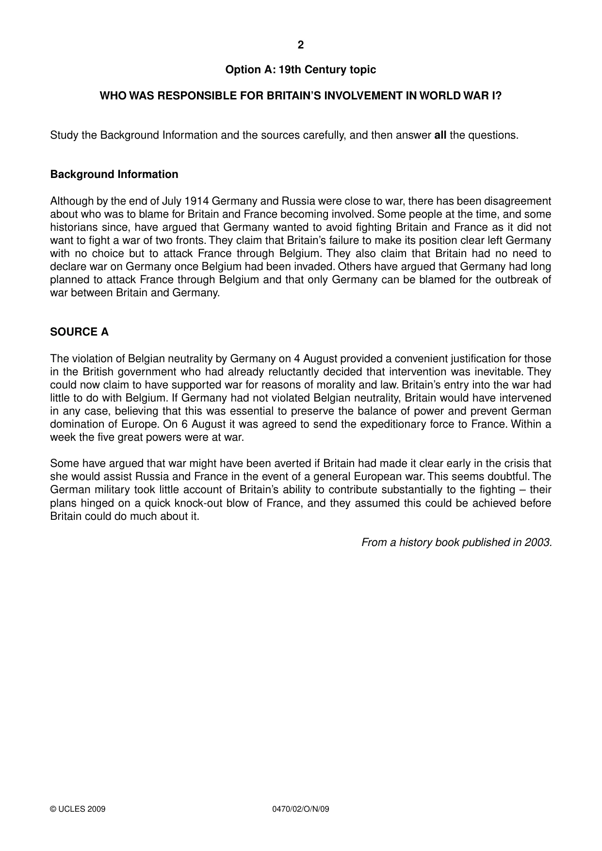 Cambridge IGCSE History 0470 2009 Oct/Nov Paper 2 · Variant 1 question paper, page 2 of 12
