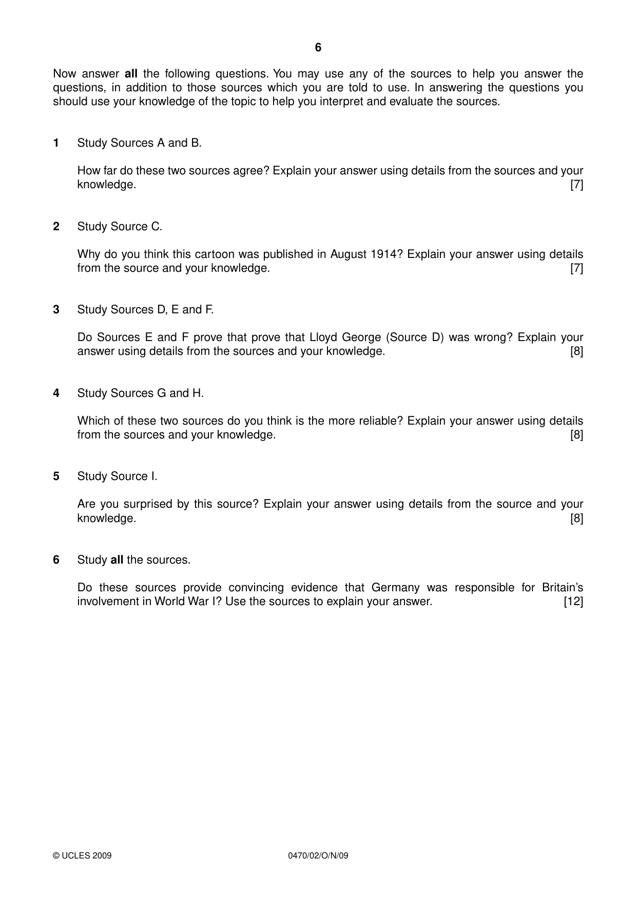 Cambridge IGCSE History 0470 2009 Oct/Nov Paper 2 · Variant 1 question paper, page 6 of 12